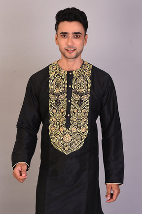 Long Black Silk Kurta with Full Sleeves