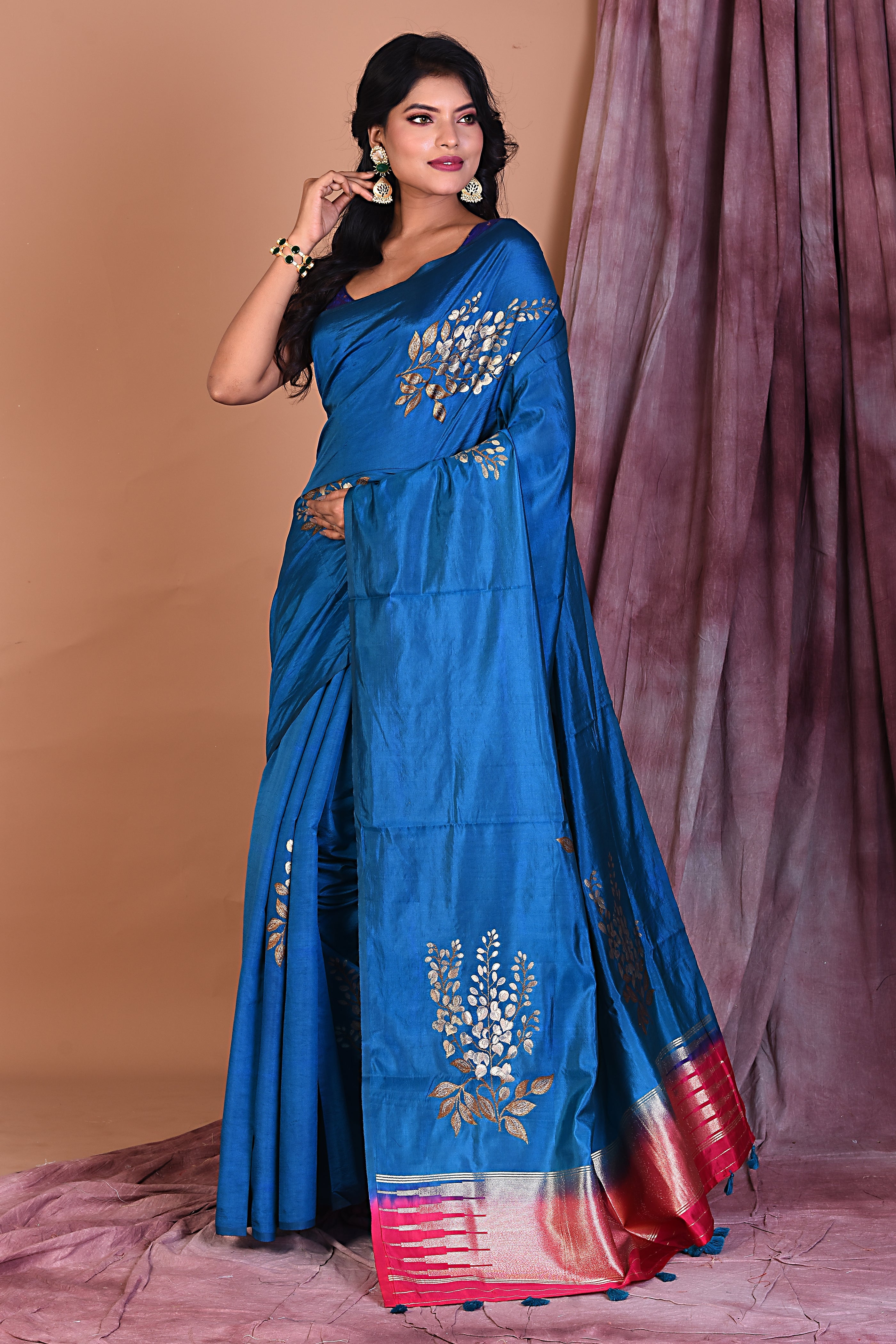 Borderless Blue Blended Silk Saree - Keya Seth Exclusive