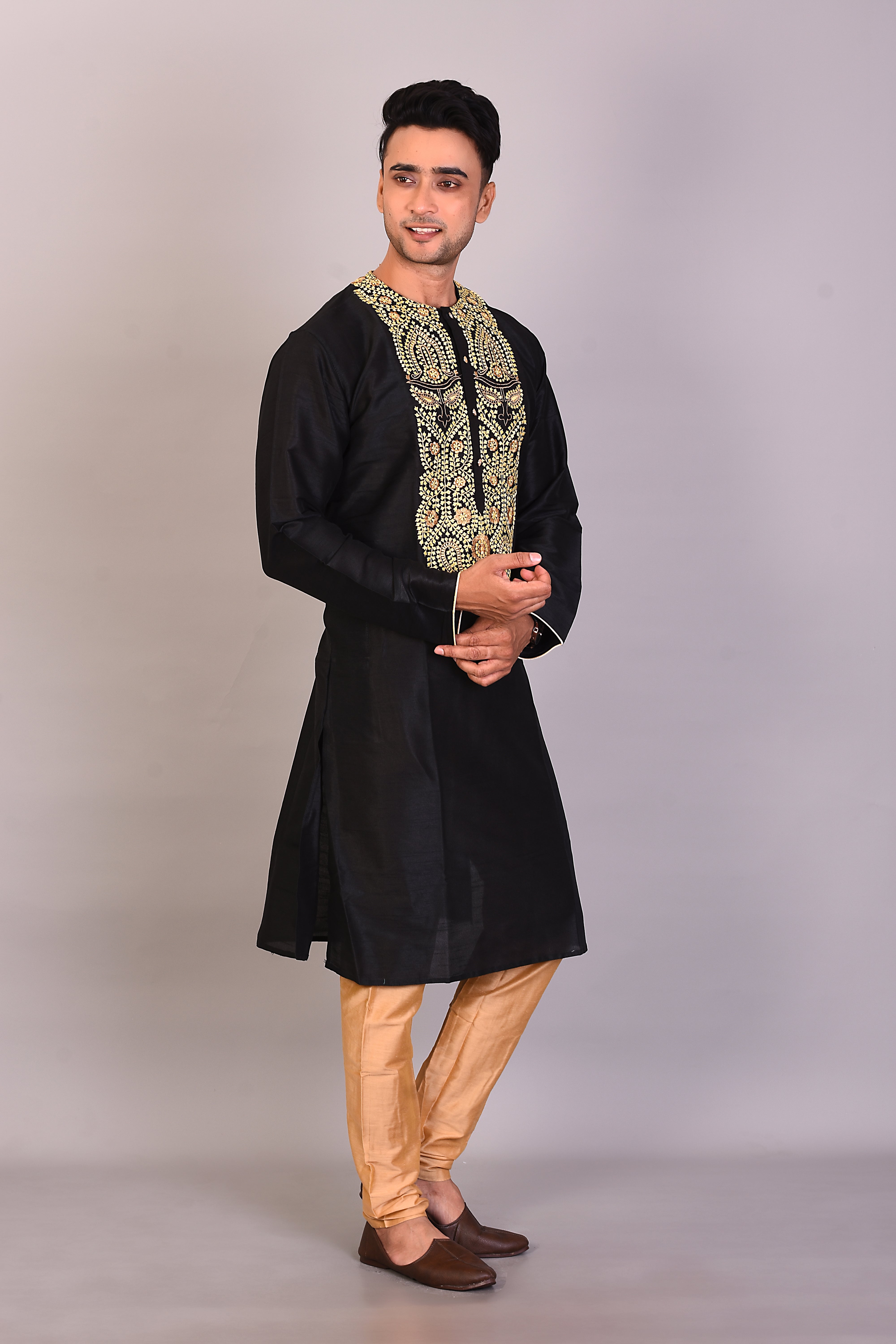 Long Black Silk Kurta with Full Sleeves