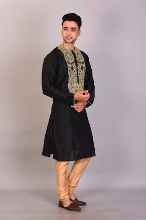 Long Black Silk Kurta with Full Sleeves