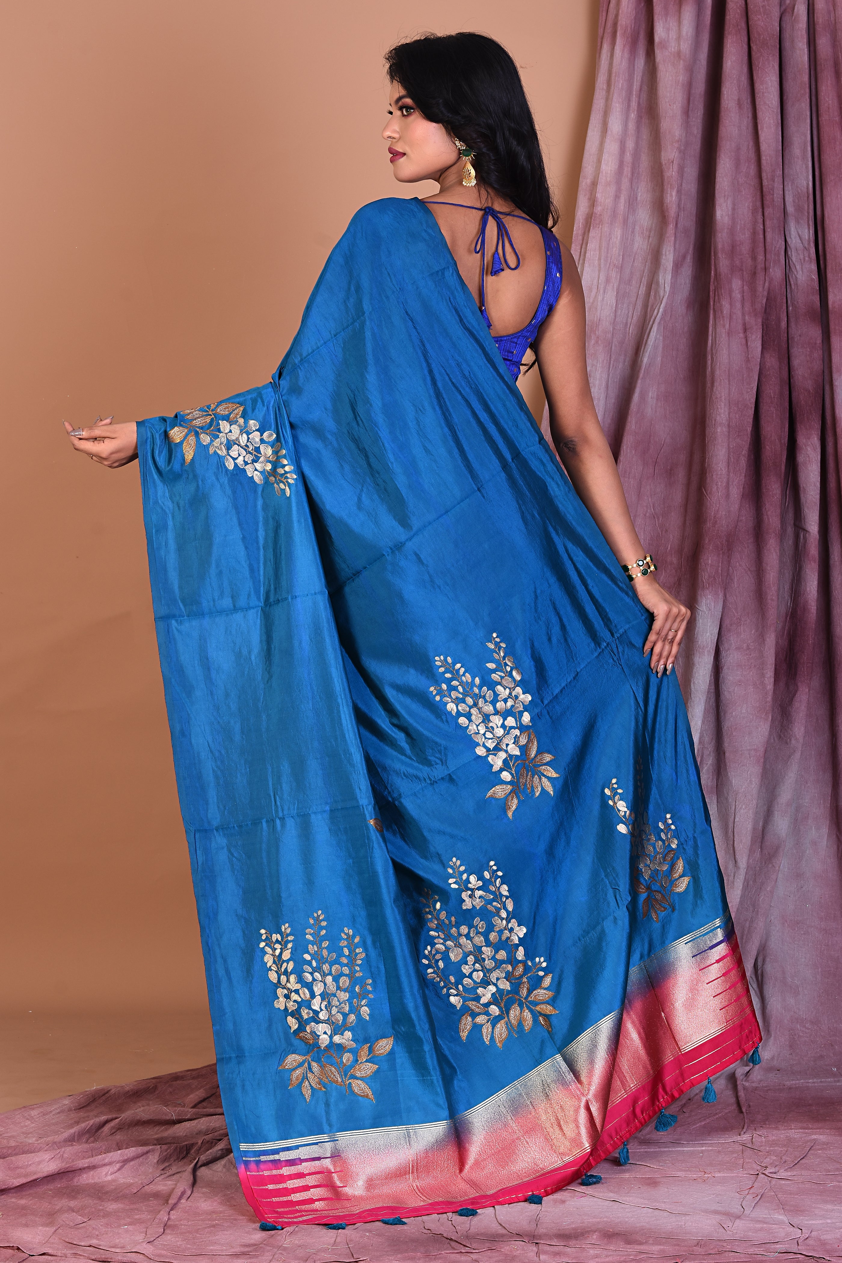 Borderless Blue Blended Silk Saree - Keya Seth Exclusive