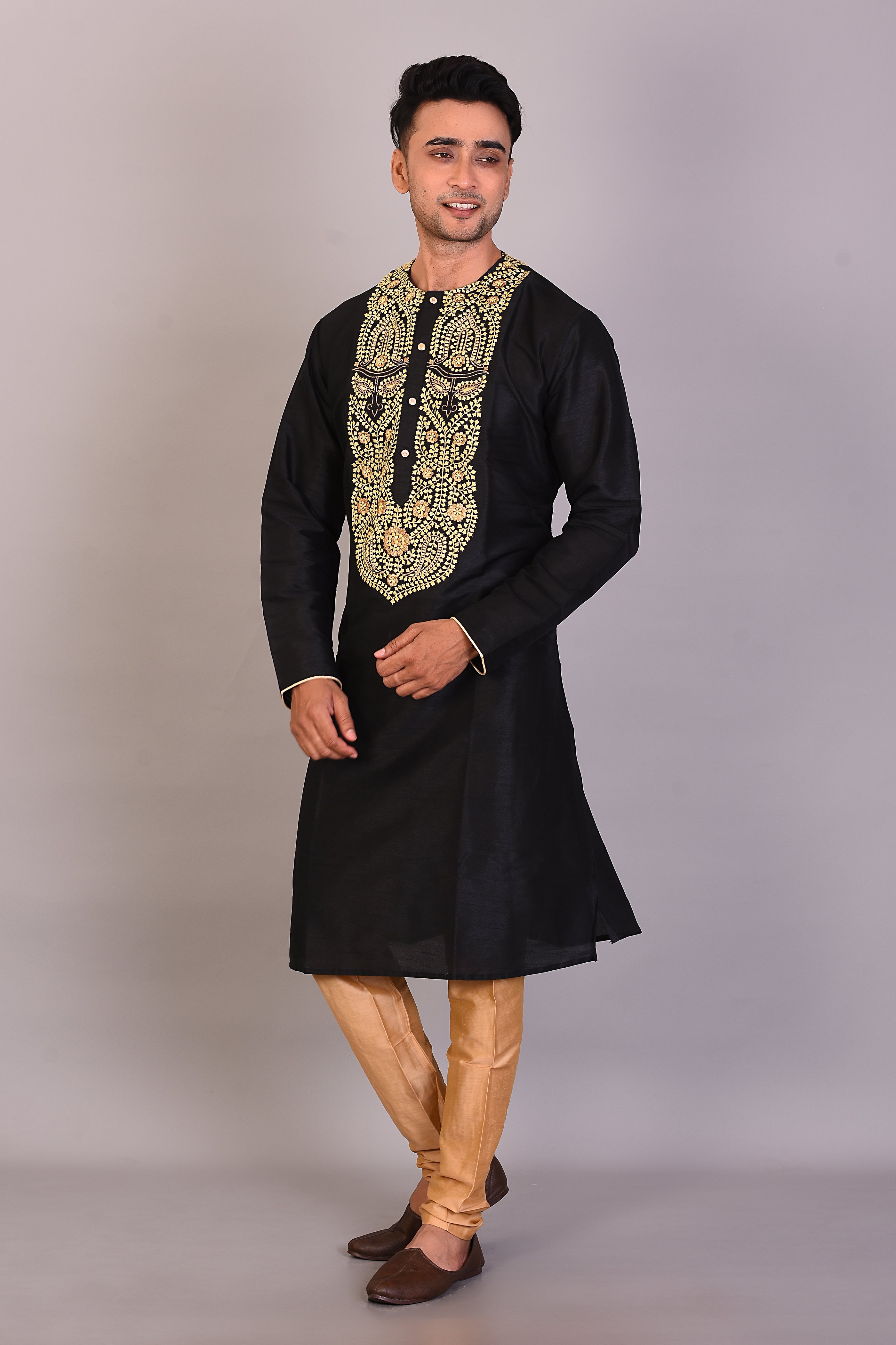 Long Black Silk Kurta with Full Sleeves