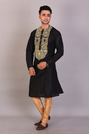 Long Black Silk Kurta with Full Sleeves