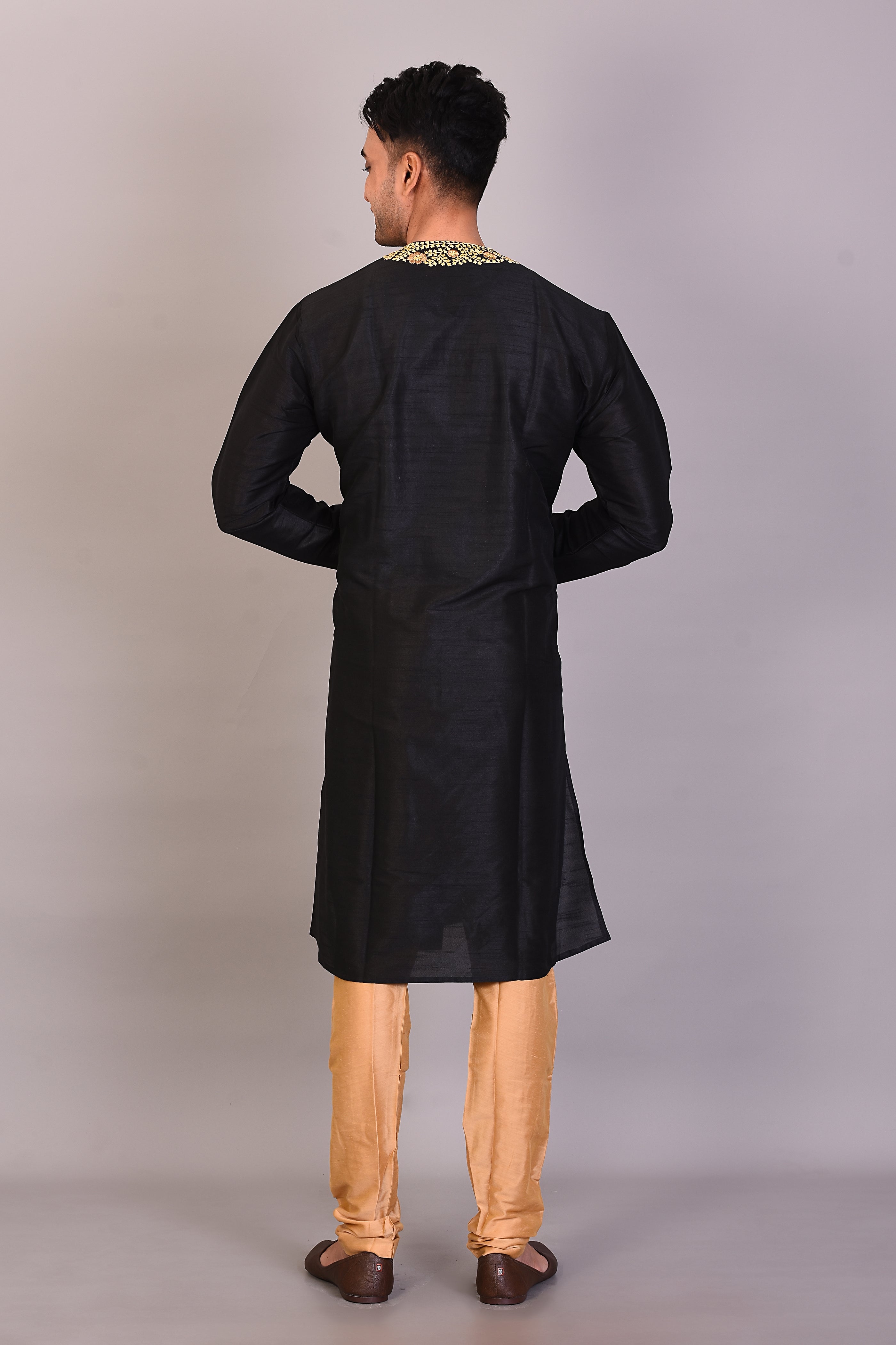 Long Black Silk Kurta with Full Sleeves