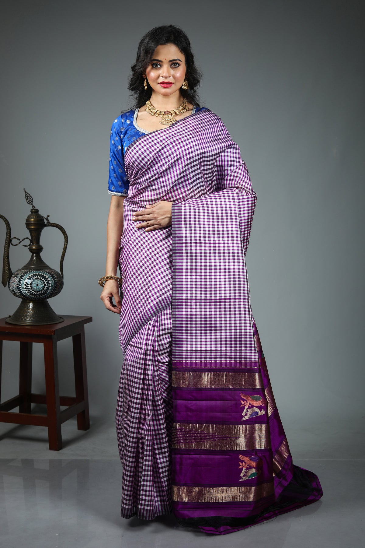 Purple Pure Checkered Kanjivaram Silk Saree