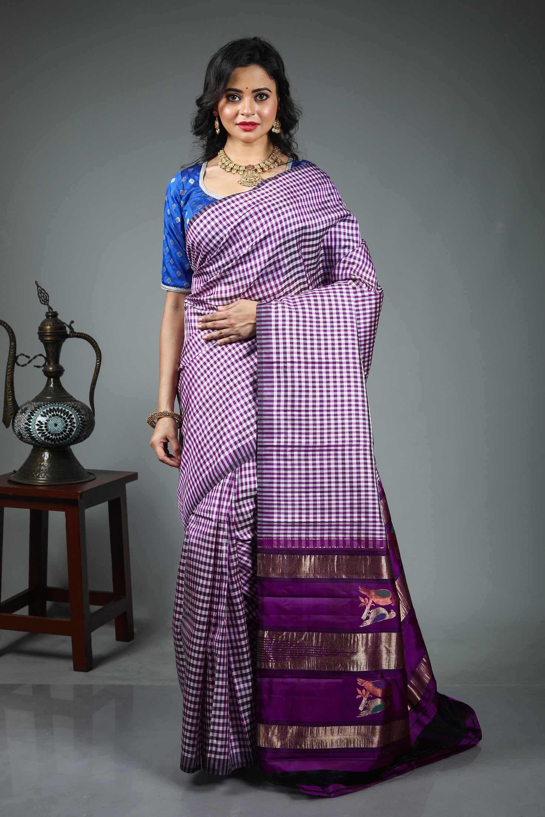 Purple Pure Checkered Kanjivaram Silk Saree