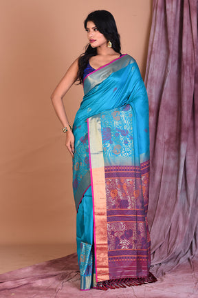 Blue Art Silk Saree with Golden Borders - Keya Seth Exclusive