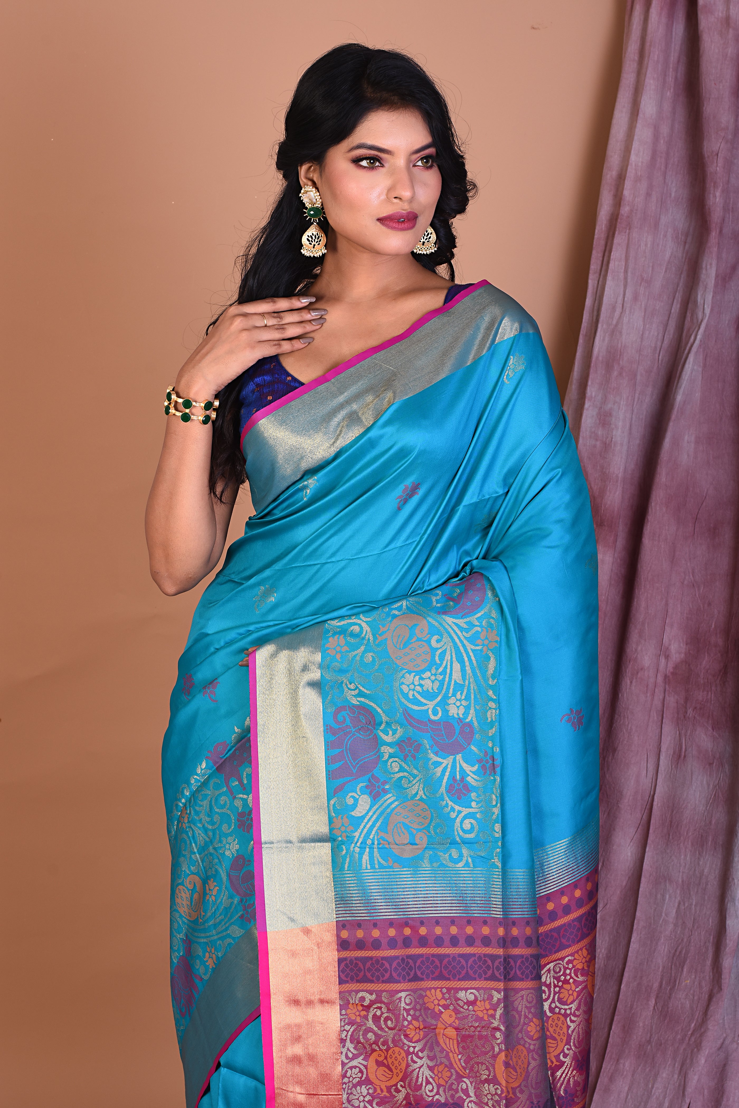 Blue Art Silk Saree with Golden Borders - Keya Seth Exclusive