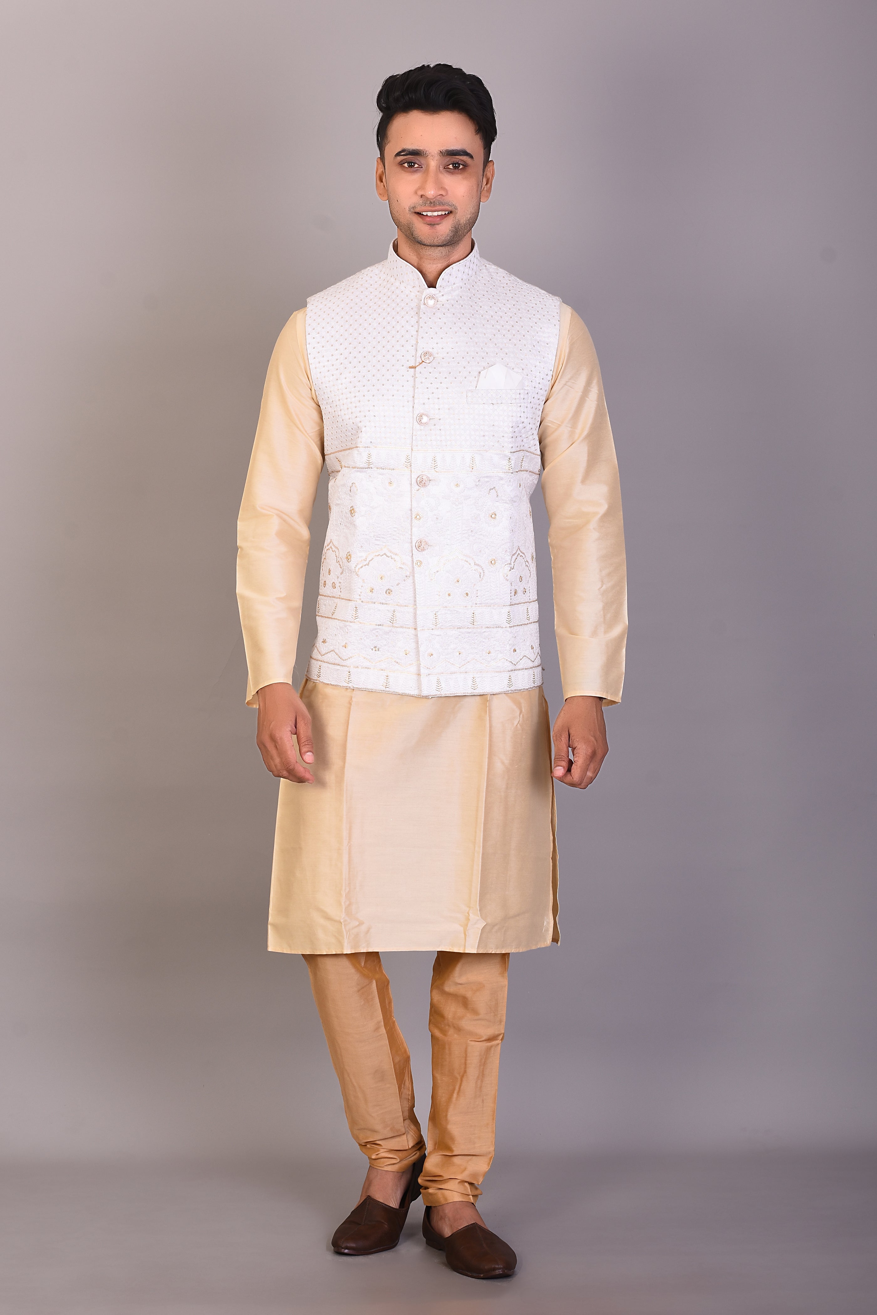 Long Tussar Silk Kurta with Jacket and Full Sleeves