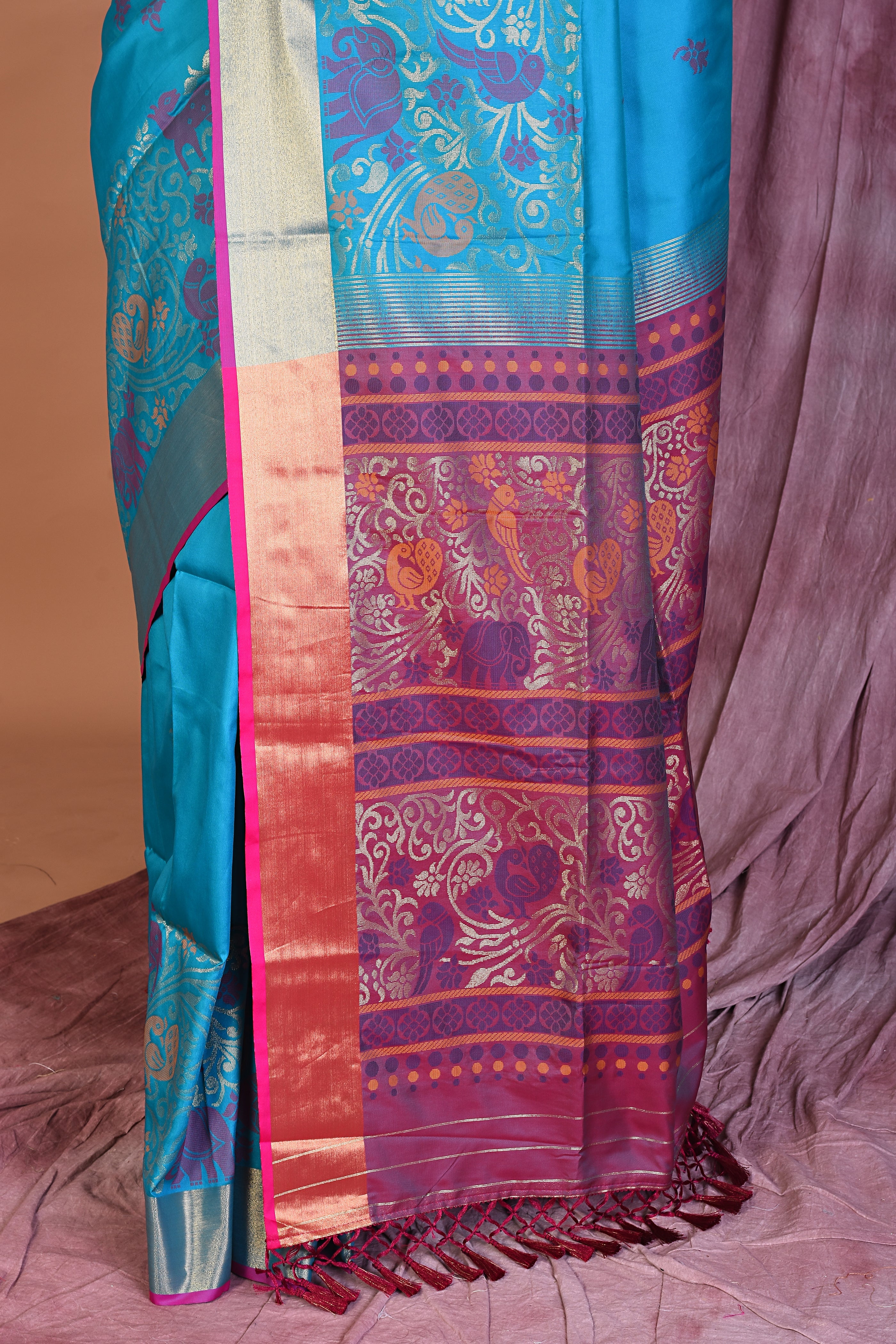 Blue Art Silk Saree with Golden Borders - Keya Seth Exclusive