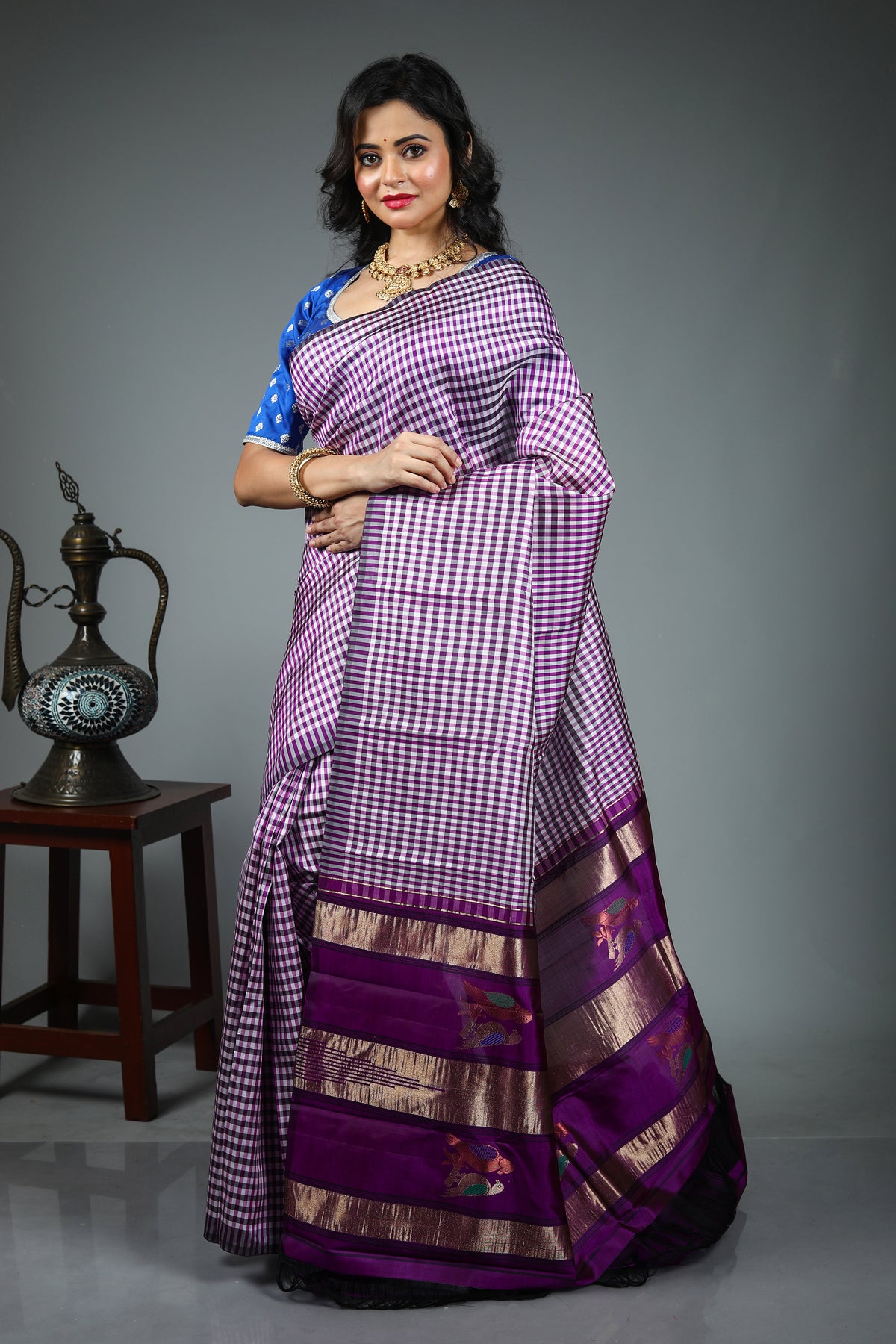 Purple Pure Checkered Kanjivaram Silk Saree