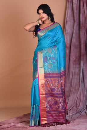 Blue Art Silk Saree with Golden Borders - Keya Seth Exclusive