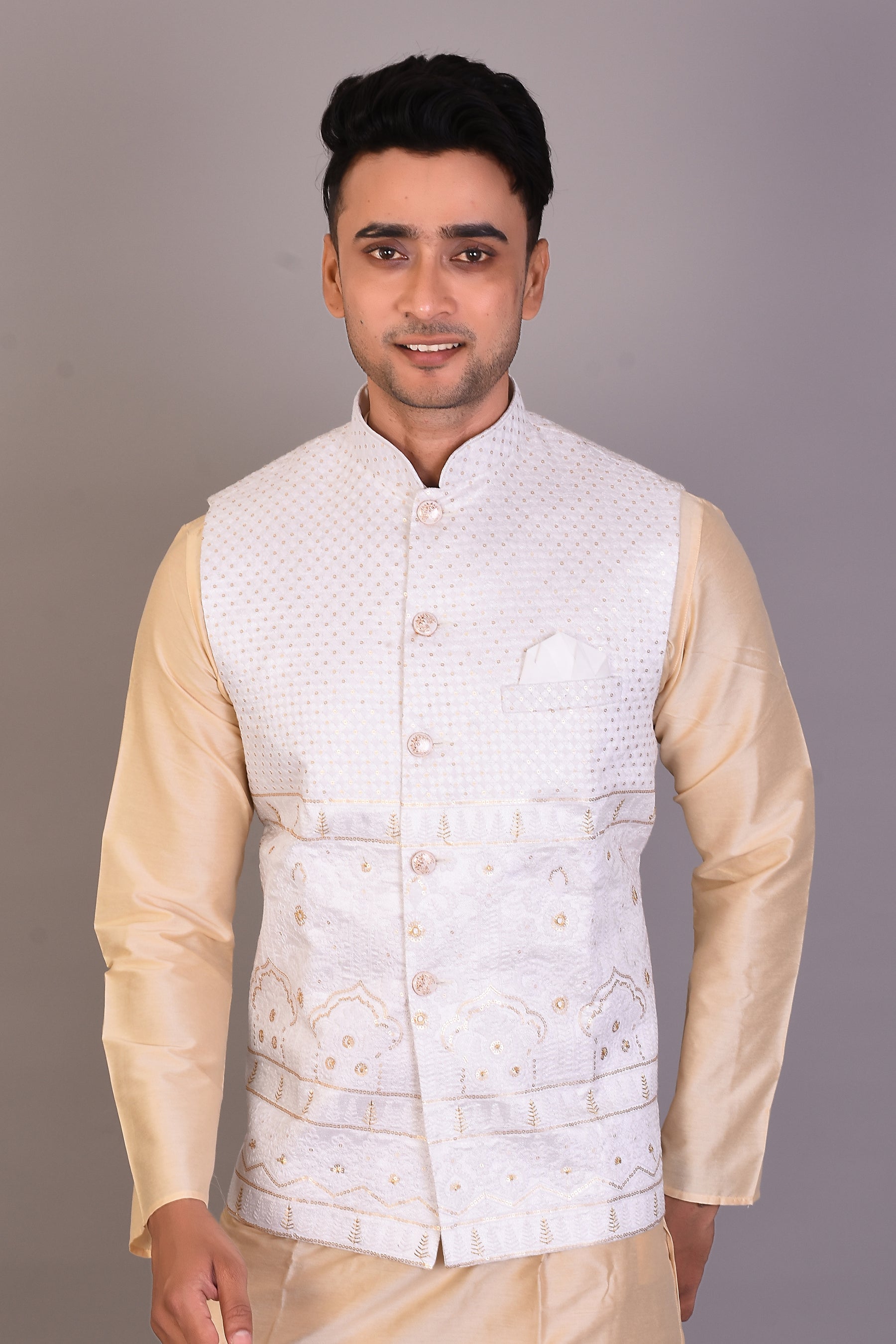 Long Tussar Silk Kurta with Jacket and Full Sleeves