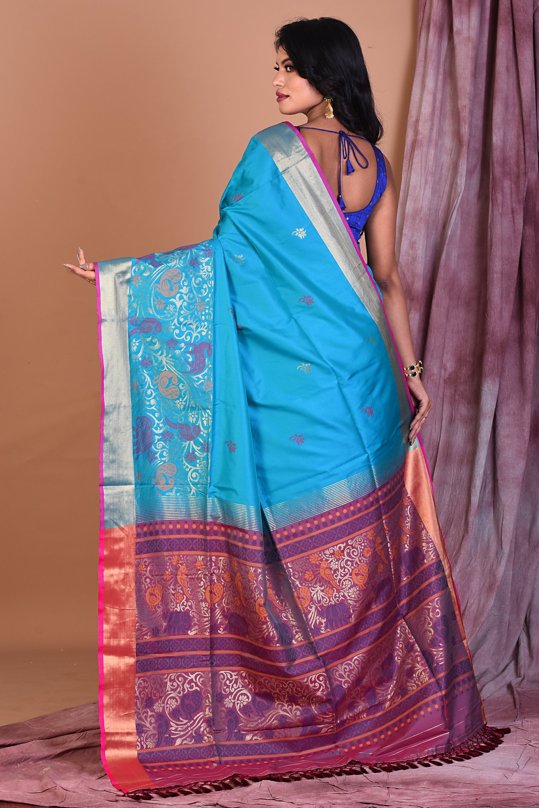 Blue Art Silk Saree with Golden Borders - Keya Seth Exclusive