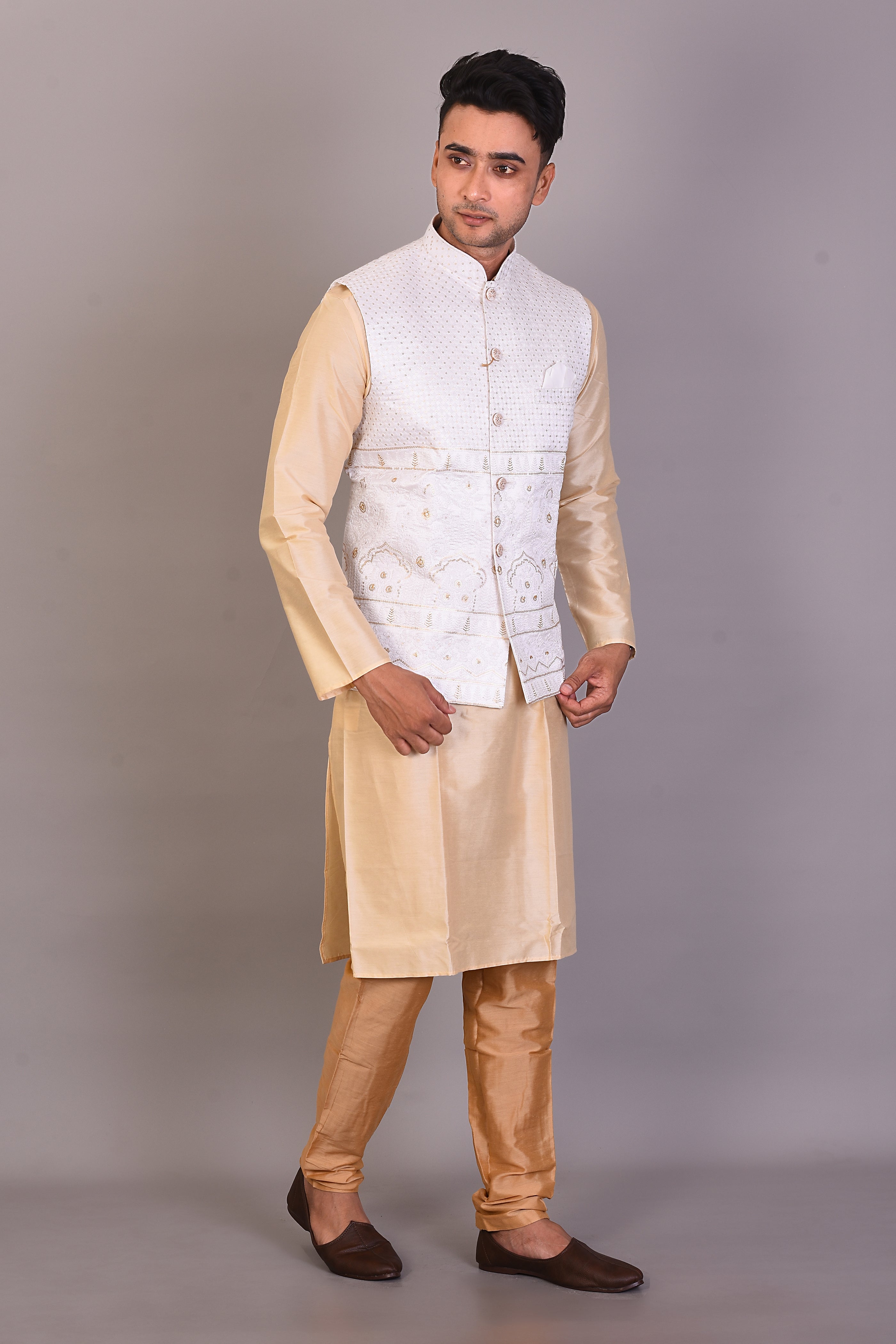 Long Tussar Silk Kurta with Jacket and Full Sleeves