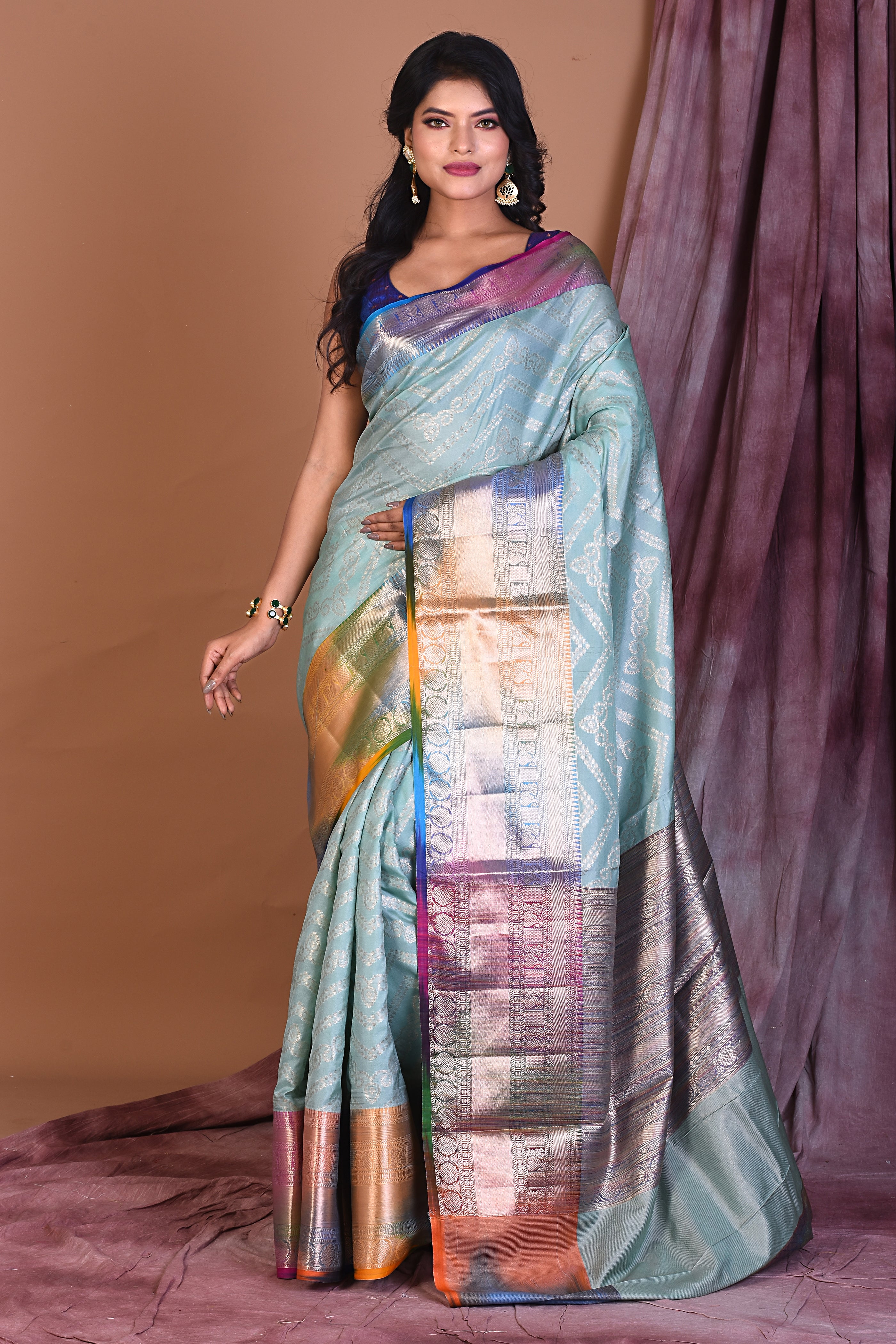 Sky Blue Blended Tissue Saree with Multicolored Border - Keya Seth Exclusive