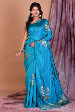 Borderless Prussian Blue Blended Silk Saree - Keya Seth Exclusive