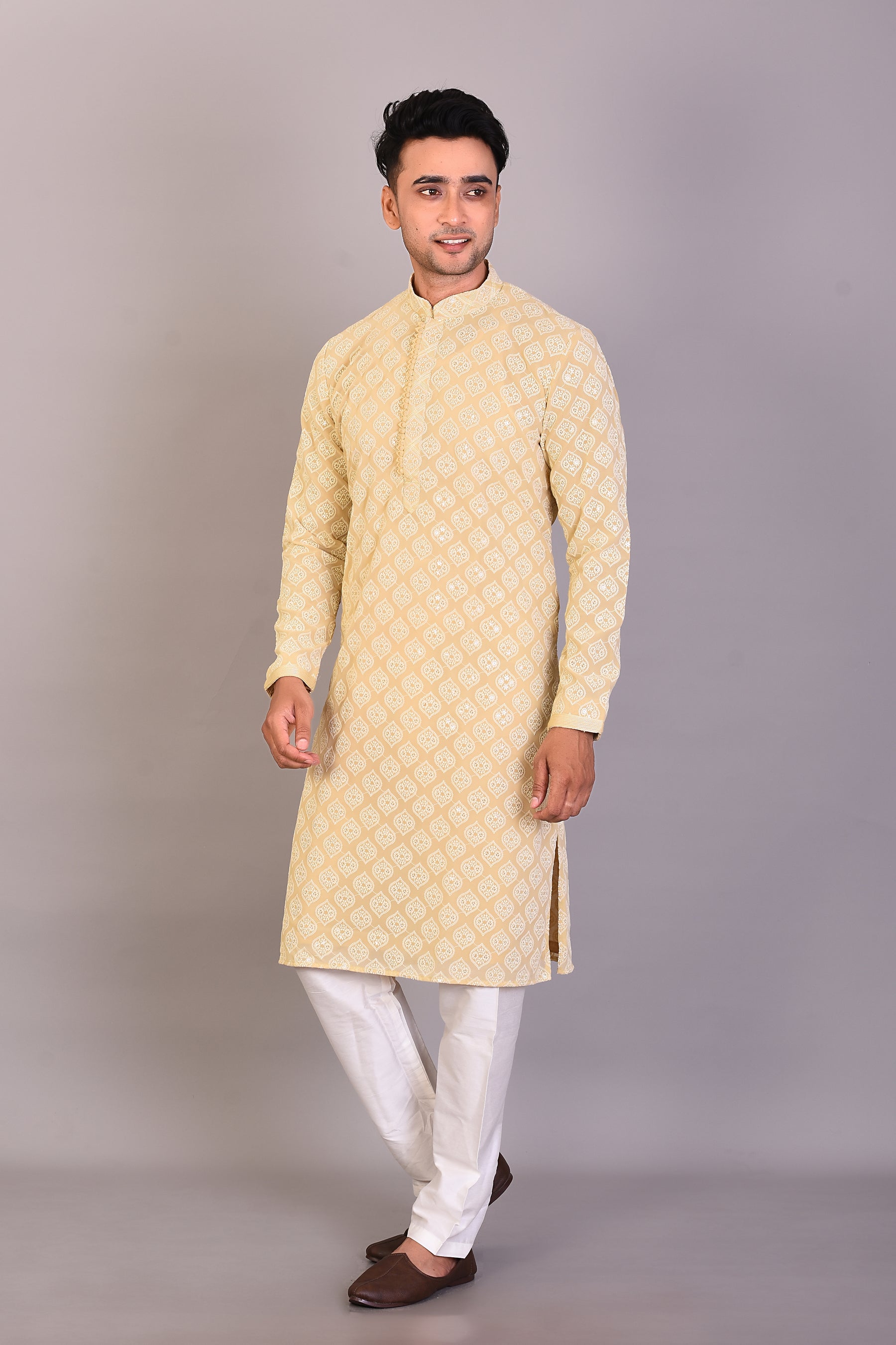 Long Yellow Silk Kurta with Full Sleeves