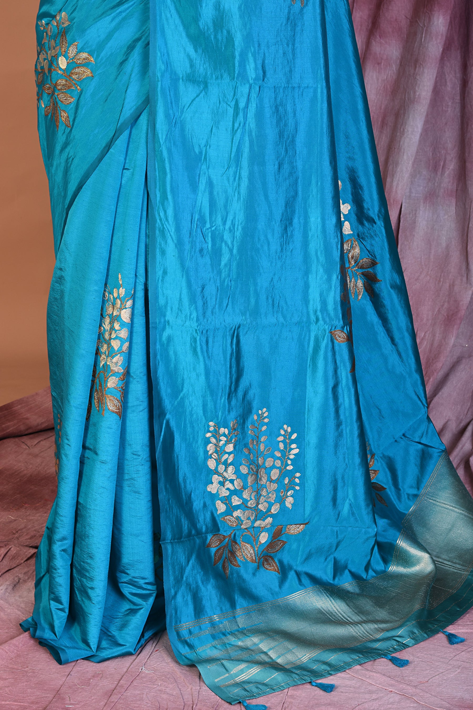 Borderless Prussian Blue Blended Silk Saree - Keya Seth Exclusive