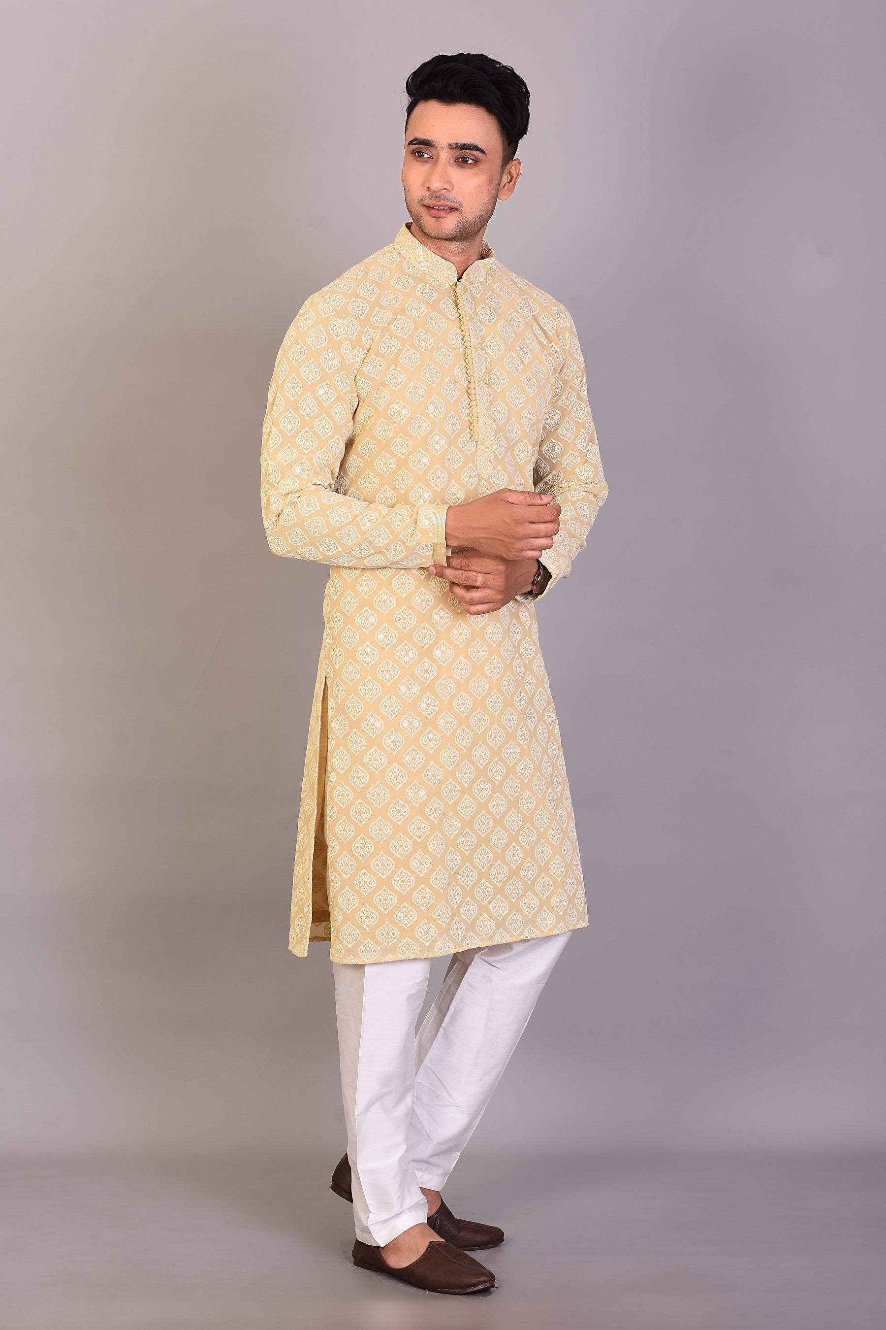 Long Yellow Silk Kurta with Full Sleeves