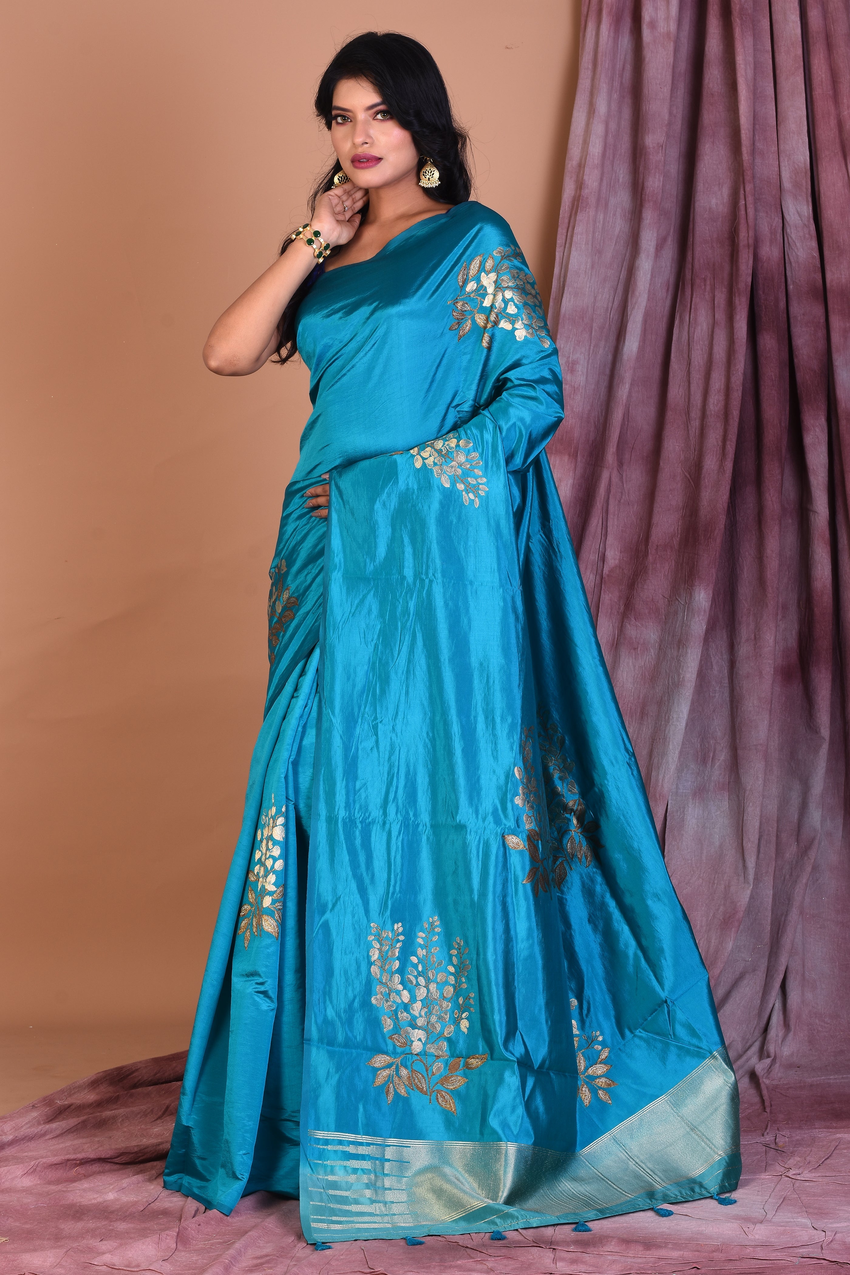 Borderless Prussian Blue Blended Silk Saree - Keya Seth Exclusive