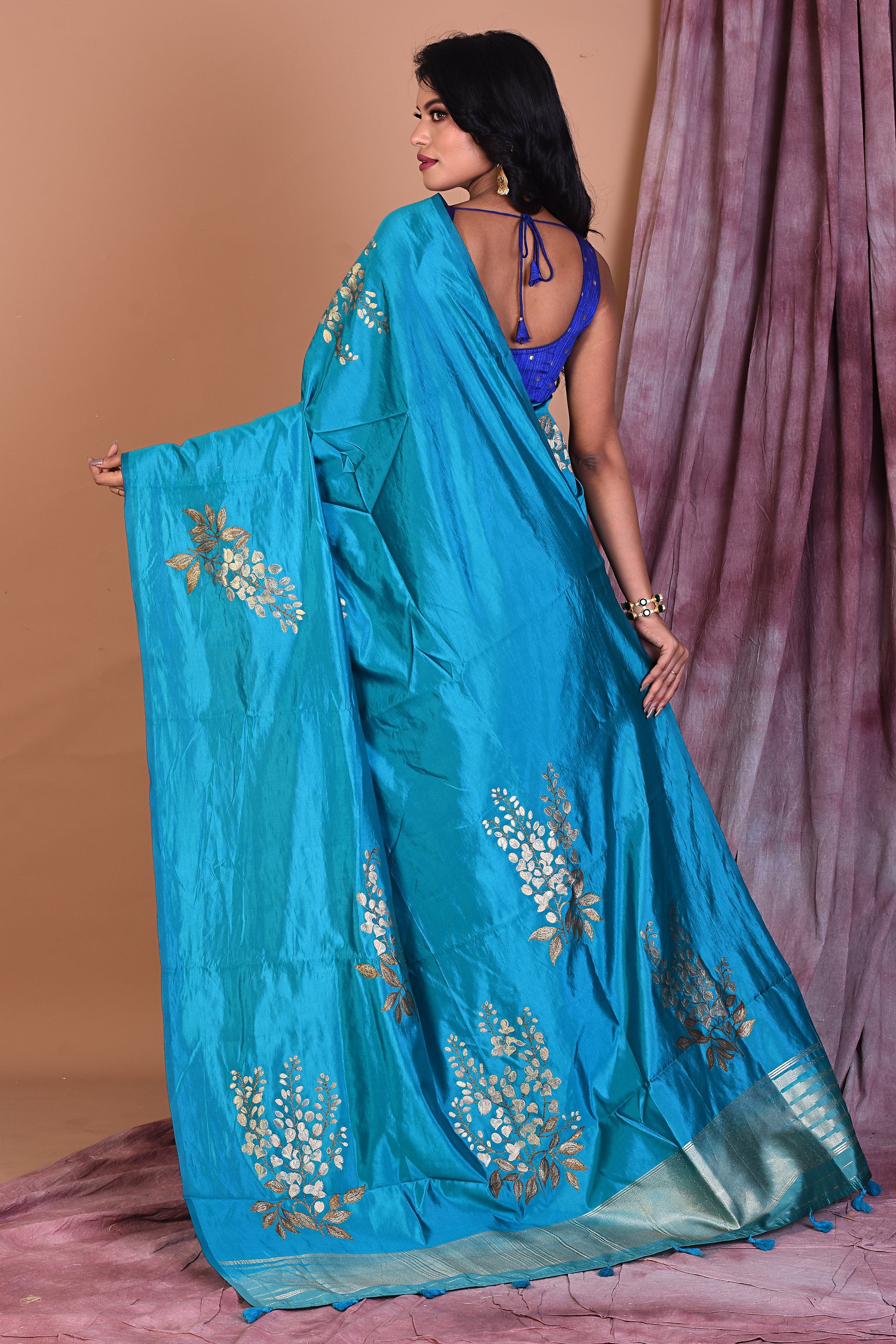 Borderless Prussian Blue Blended Silk Saree - Keya Seth Exclusive