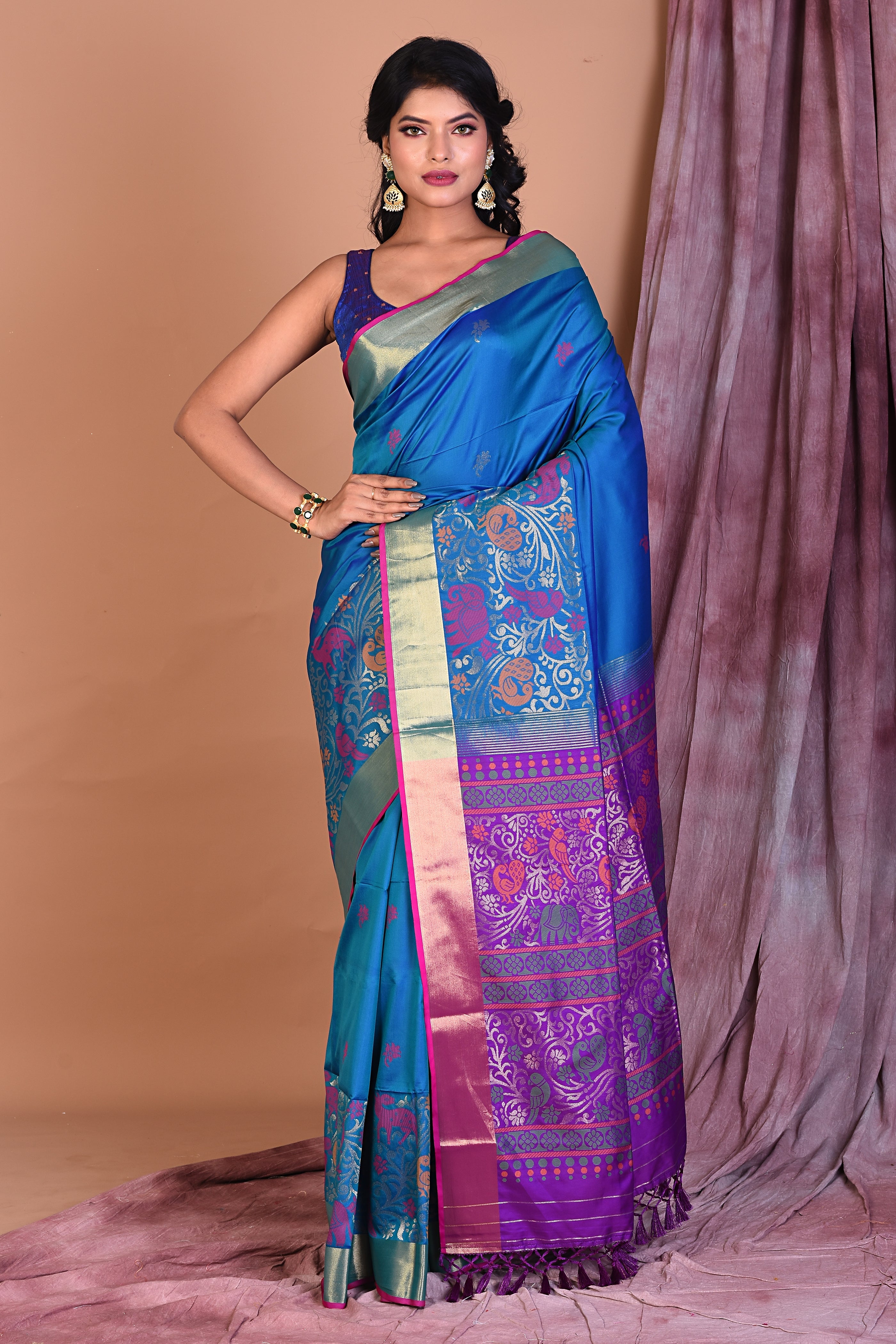 Blue Art Silk Saree with Golden Borders - Keya Seth Exclusive