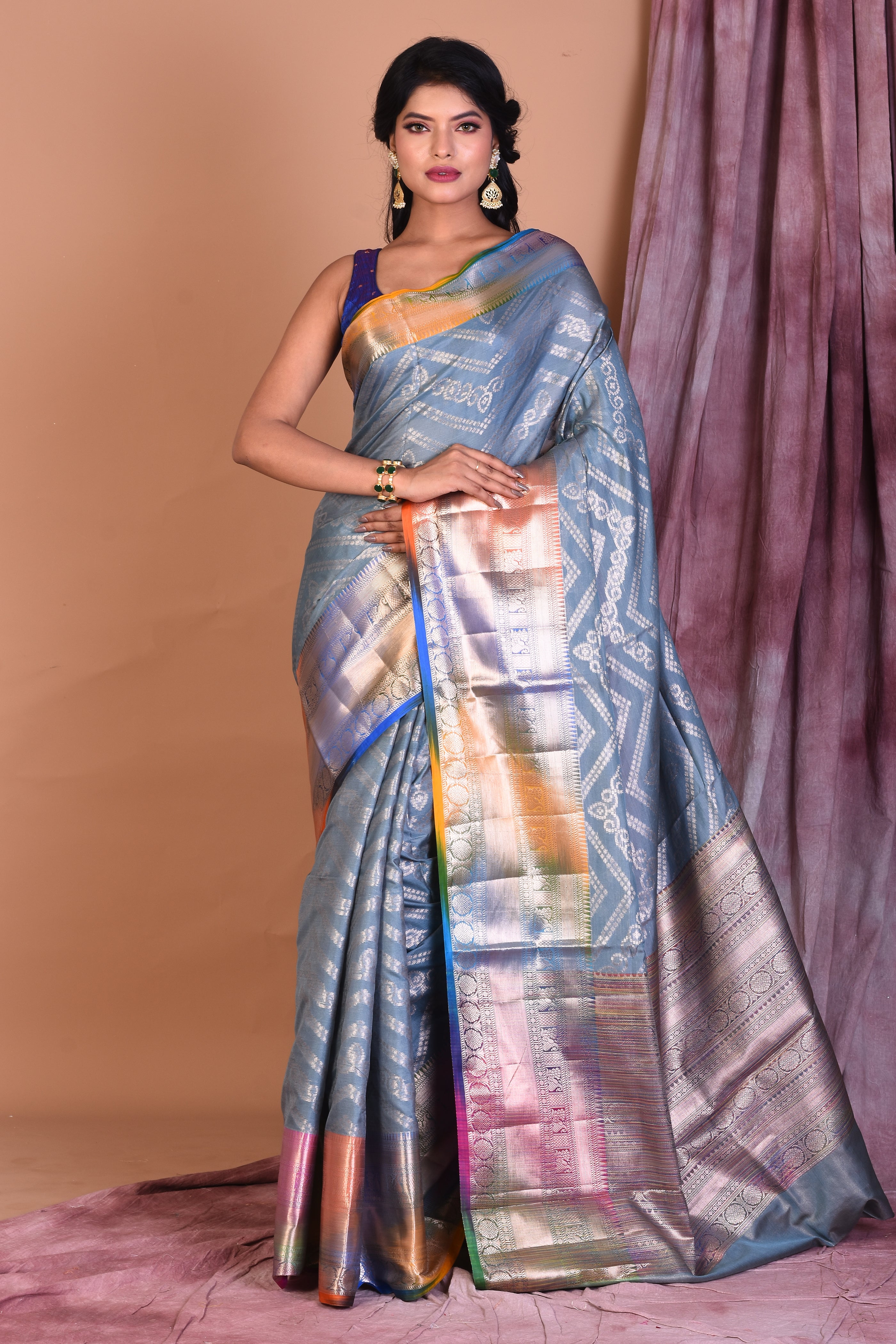 Grey Blended Tissue Saree with Multicolored Border - Keya Seth Exclusive