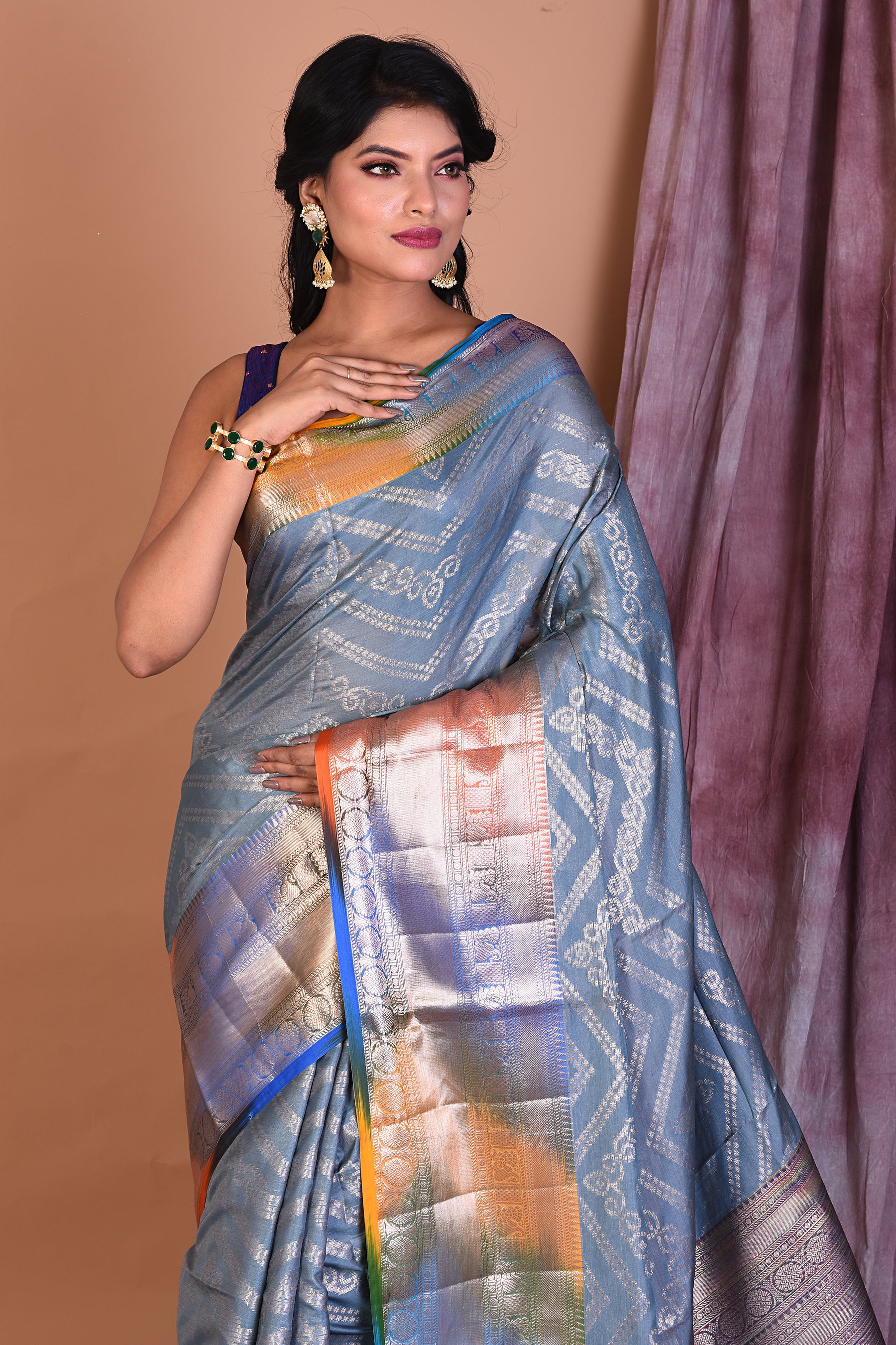 Grey Blended Tissue Saree with Multicolored Border - Keya Seth Exclusive