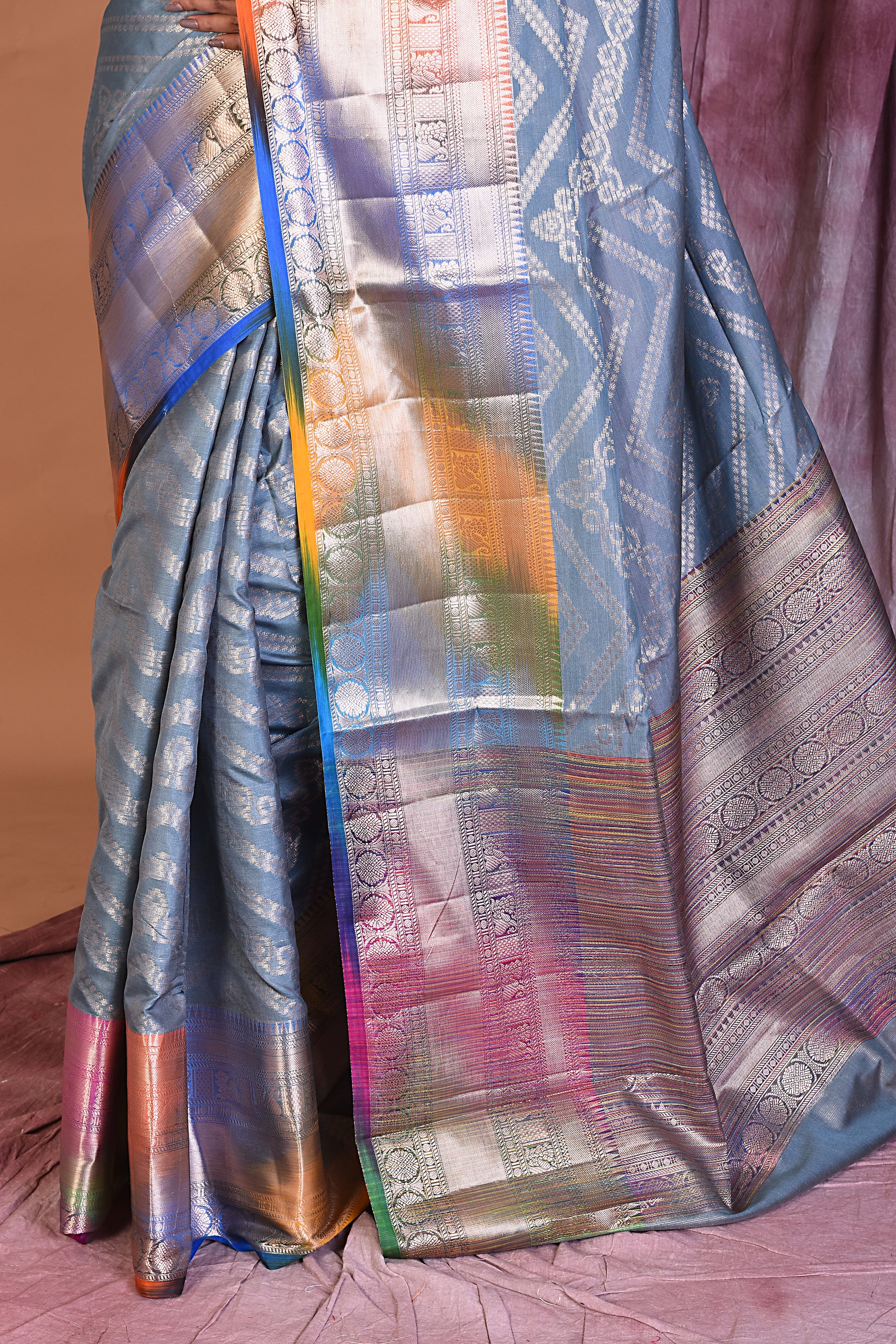 Grey Blended Tissue Saree with Multicolored Border - Keya Seth Exclusive