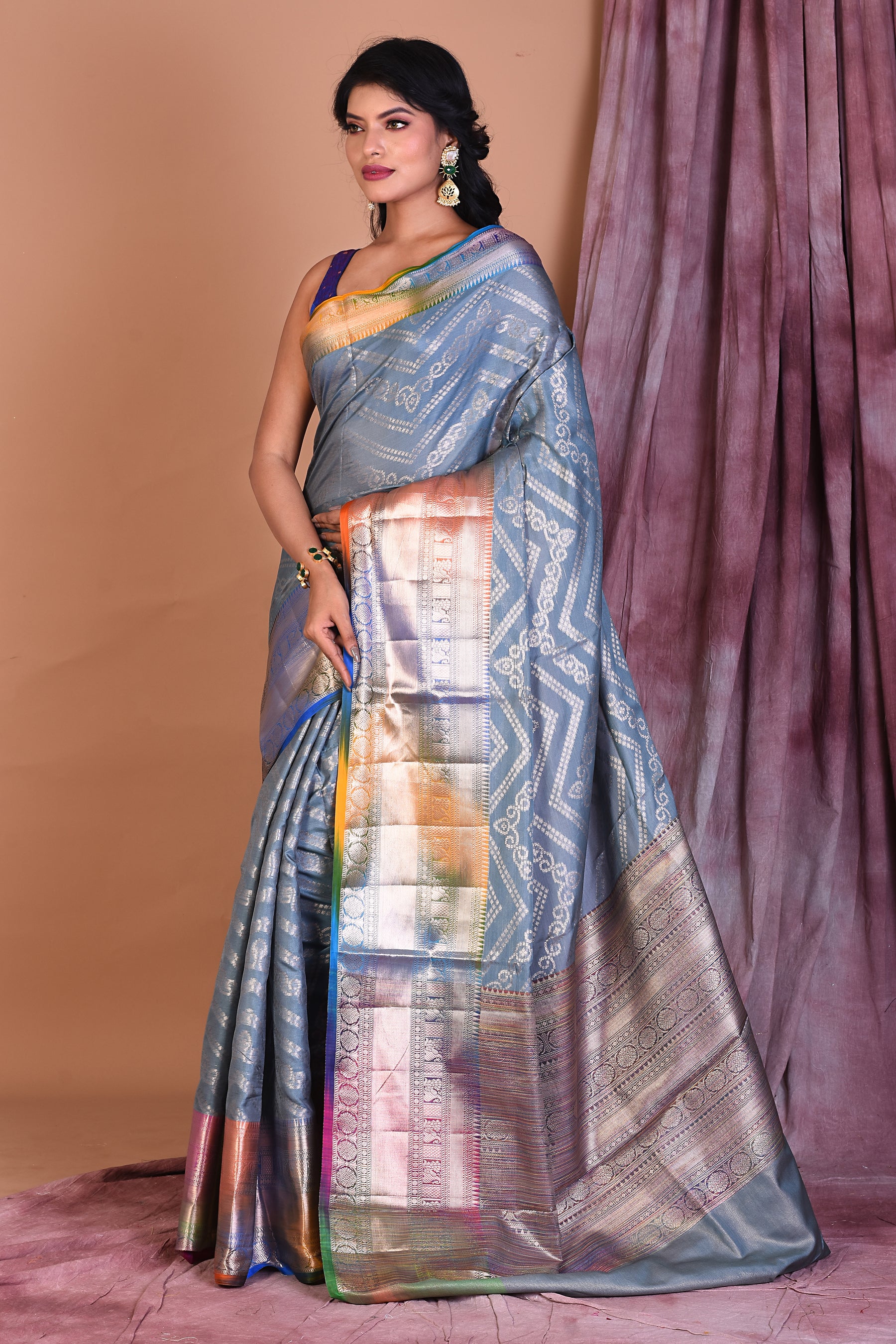 Grey Blended Tissue Saree with Multicolored Border - Keya Seth Exclusive