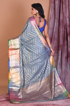 Grey Blended Tissue Saree with Multicolored Border - Keya Seth Exclusive