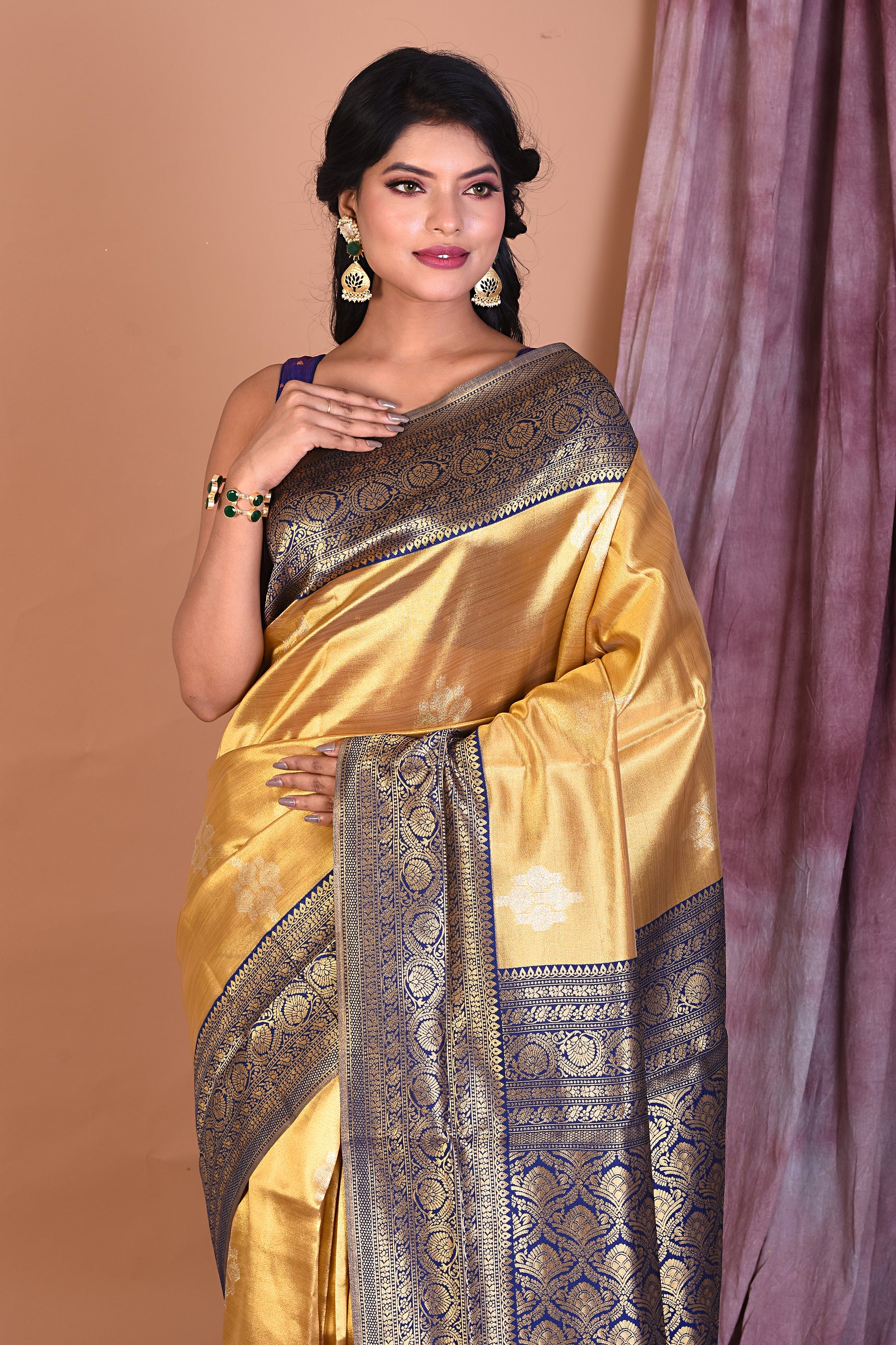 Golden Blended Organza Saree with Navy Blue Borders - Keya Seth Exclusive