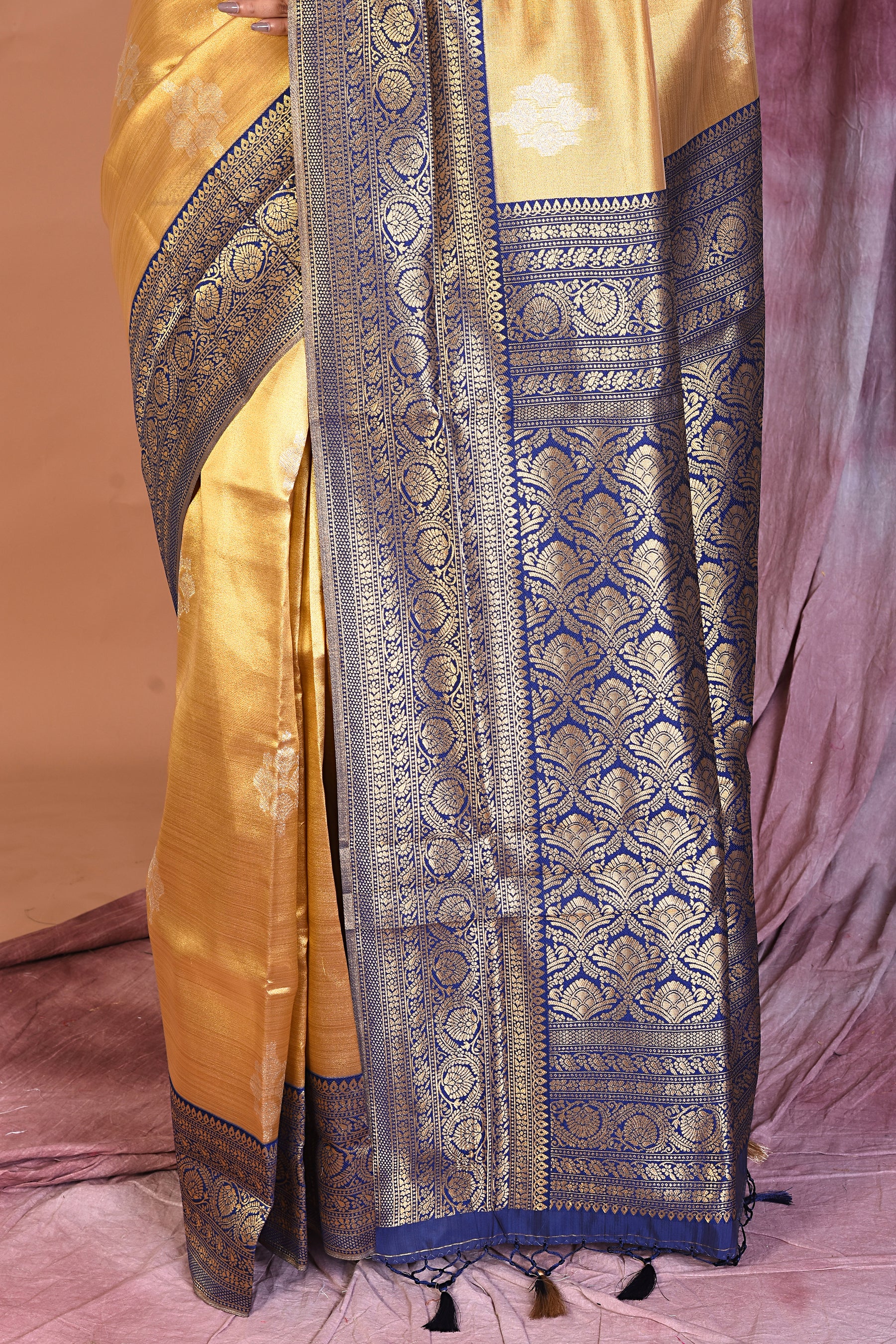 Golden Blended Organza Saree with Navy Blue Borders - Keya Seth Exclusive