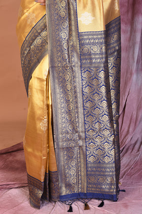 Golden Blended Organza Saree with Navy Blue Borders - Keya Seth Exclusive