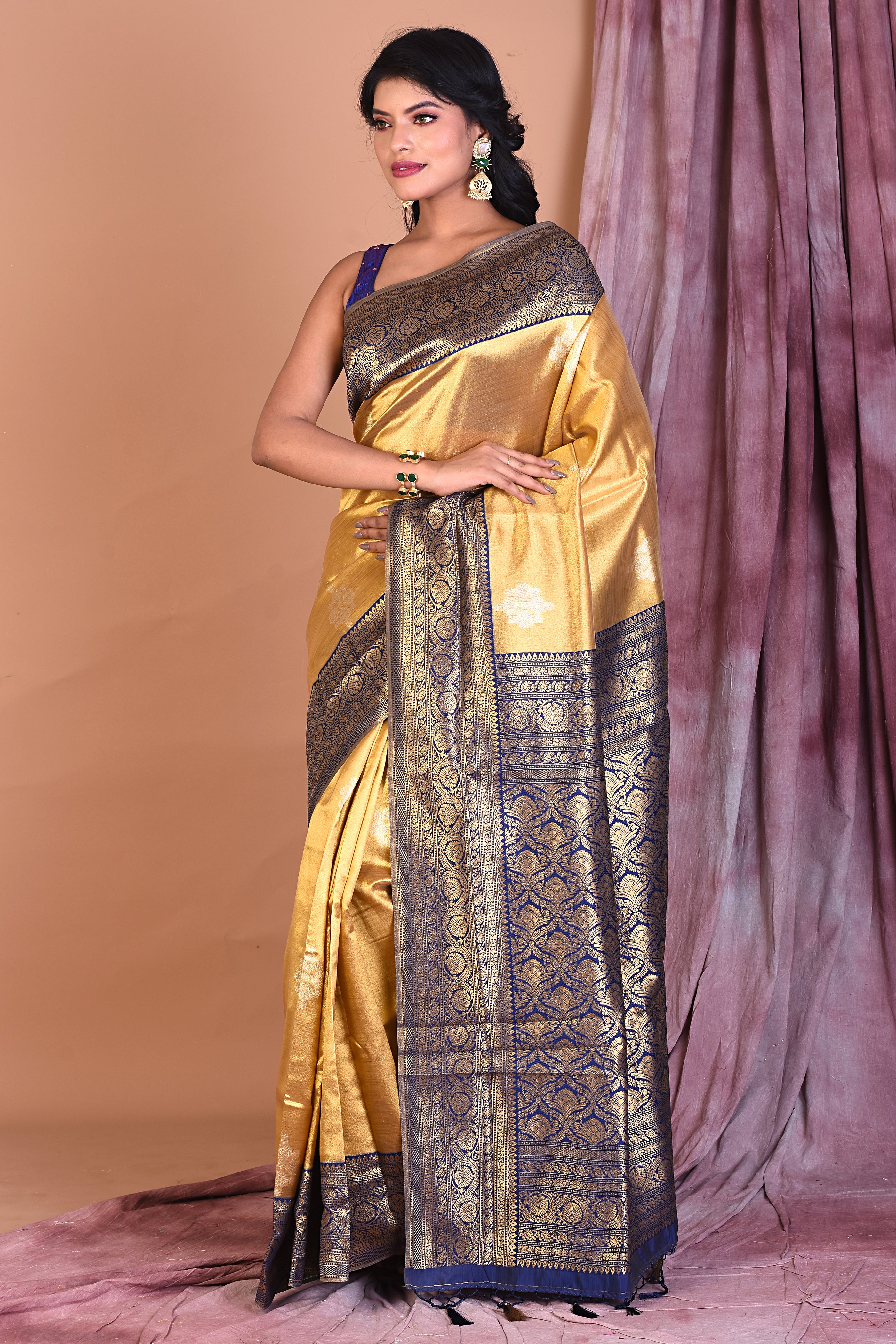 Golden Blended Organza Saree with Navy Blue Borders - Keya Seth Exclusive