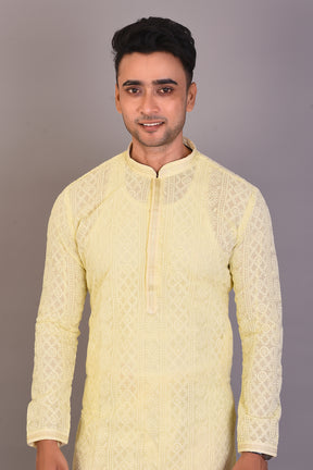 Long Light Yellow Silk Kurta with Full Sleeves - Keya Seth Exclusive