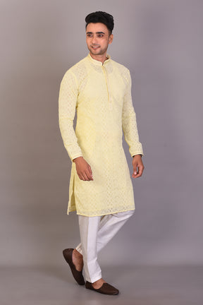 Long Light Yellow Silk Kurta with Full Sleeves - Keya Seth Exclusive