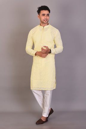 Long Light Yellow Silk Kurta with Full Sleeves - Keya Seth Exclusive