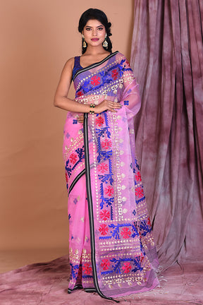 Light Pink Blended Muslin Saree with Threadwork - Keya Seth Exclusive