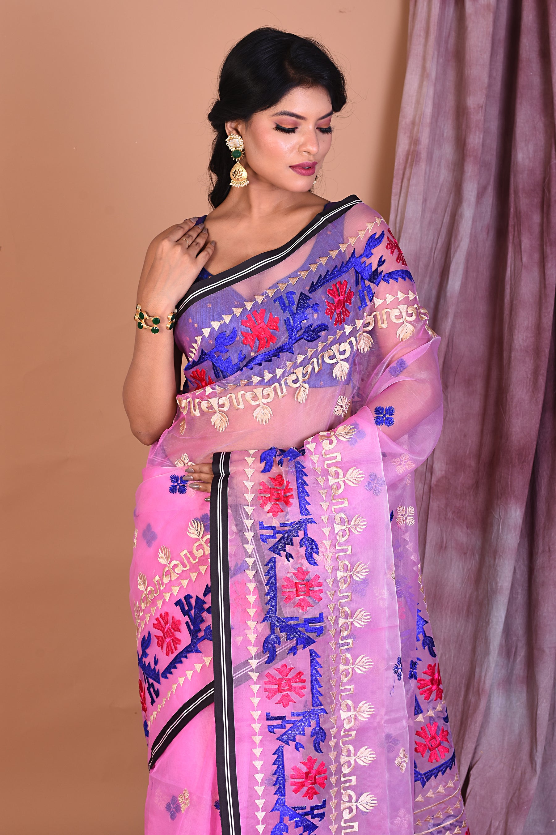 Light Pink Blended Muslin Saree with Threadwork - Keya Seth Exclusive