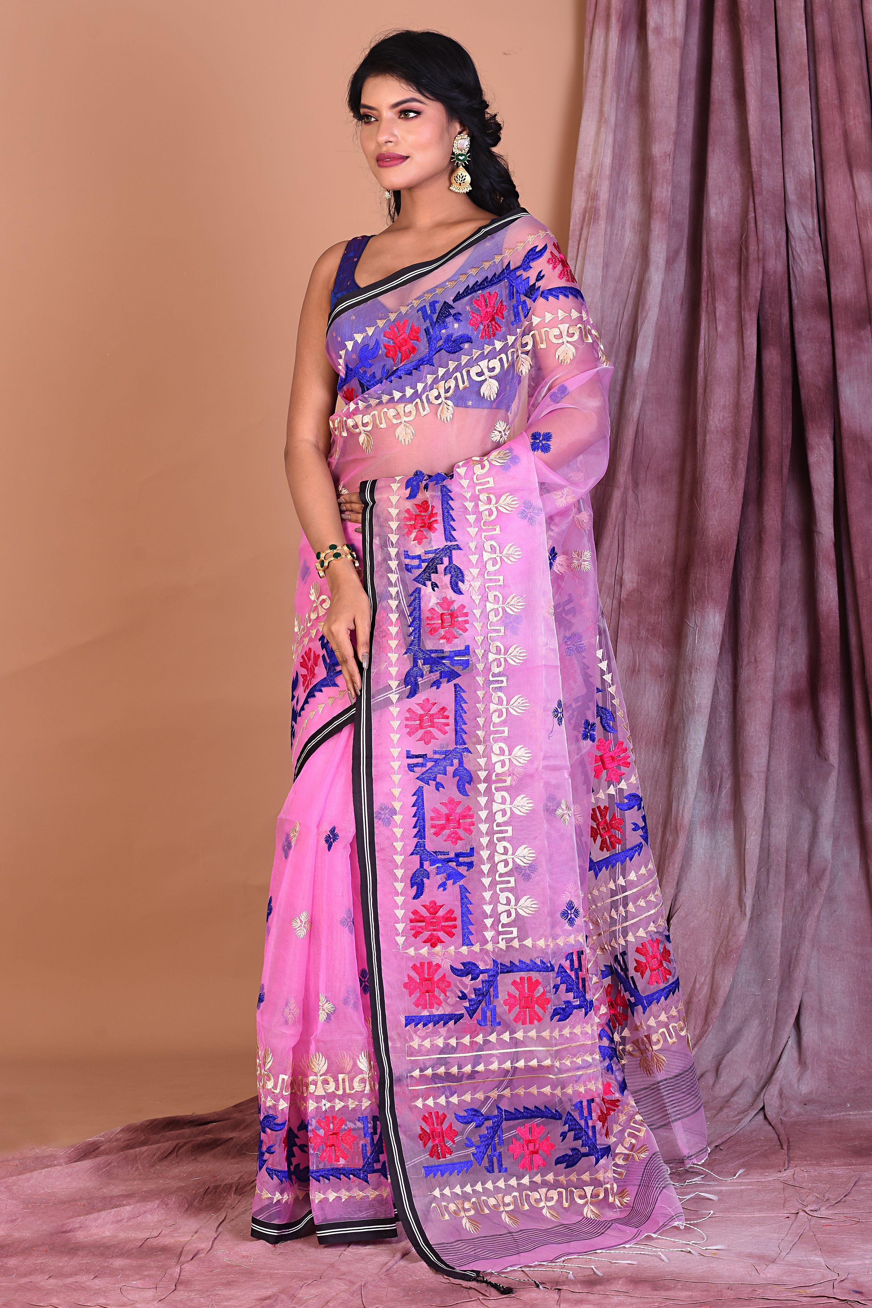 Light Pink Blended Muslin Saree with Threadwork - Keya Seth Exclusive