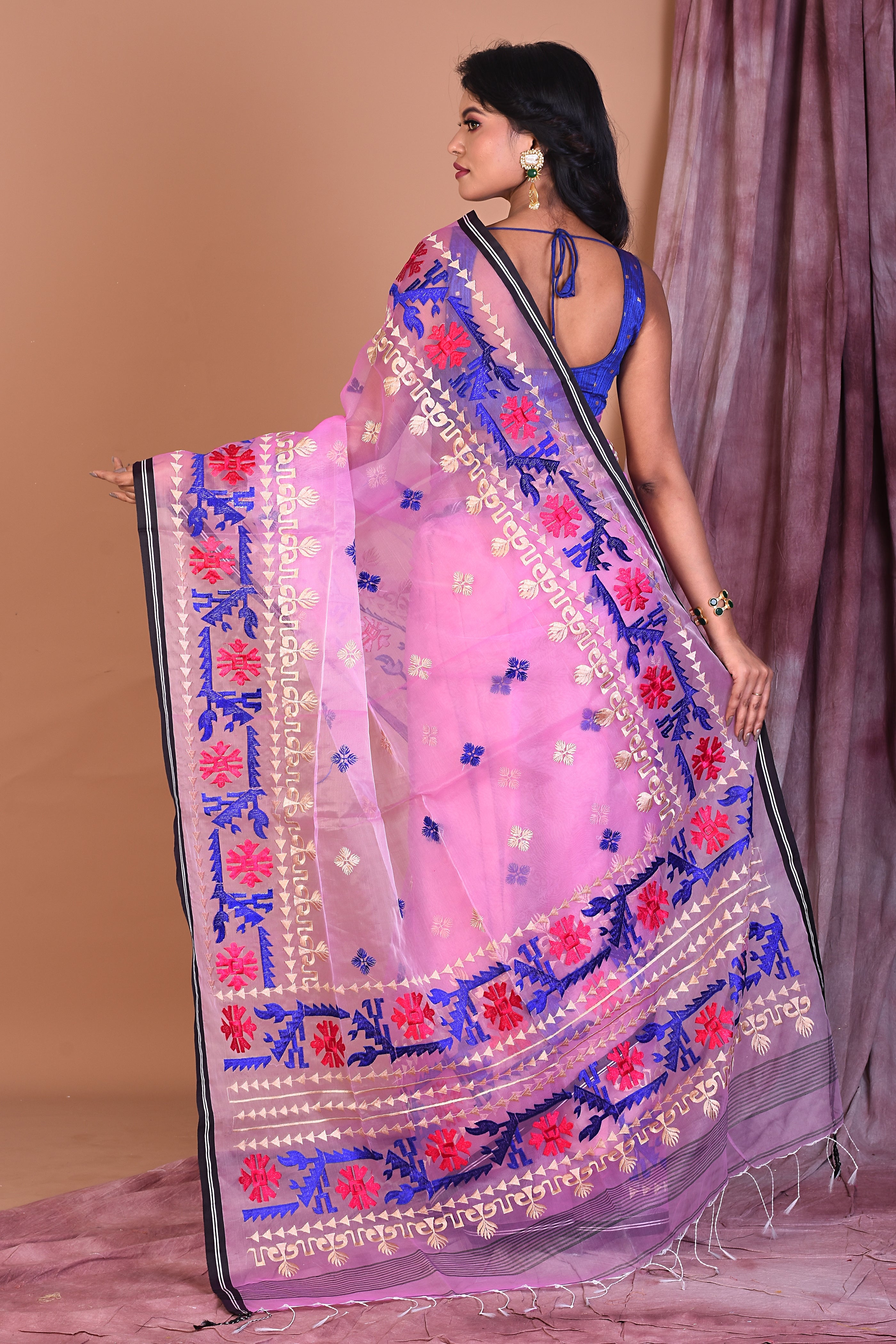 Light Pink Blended Muslin Saree with Threadwork - Keya Seth Exclusive