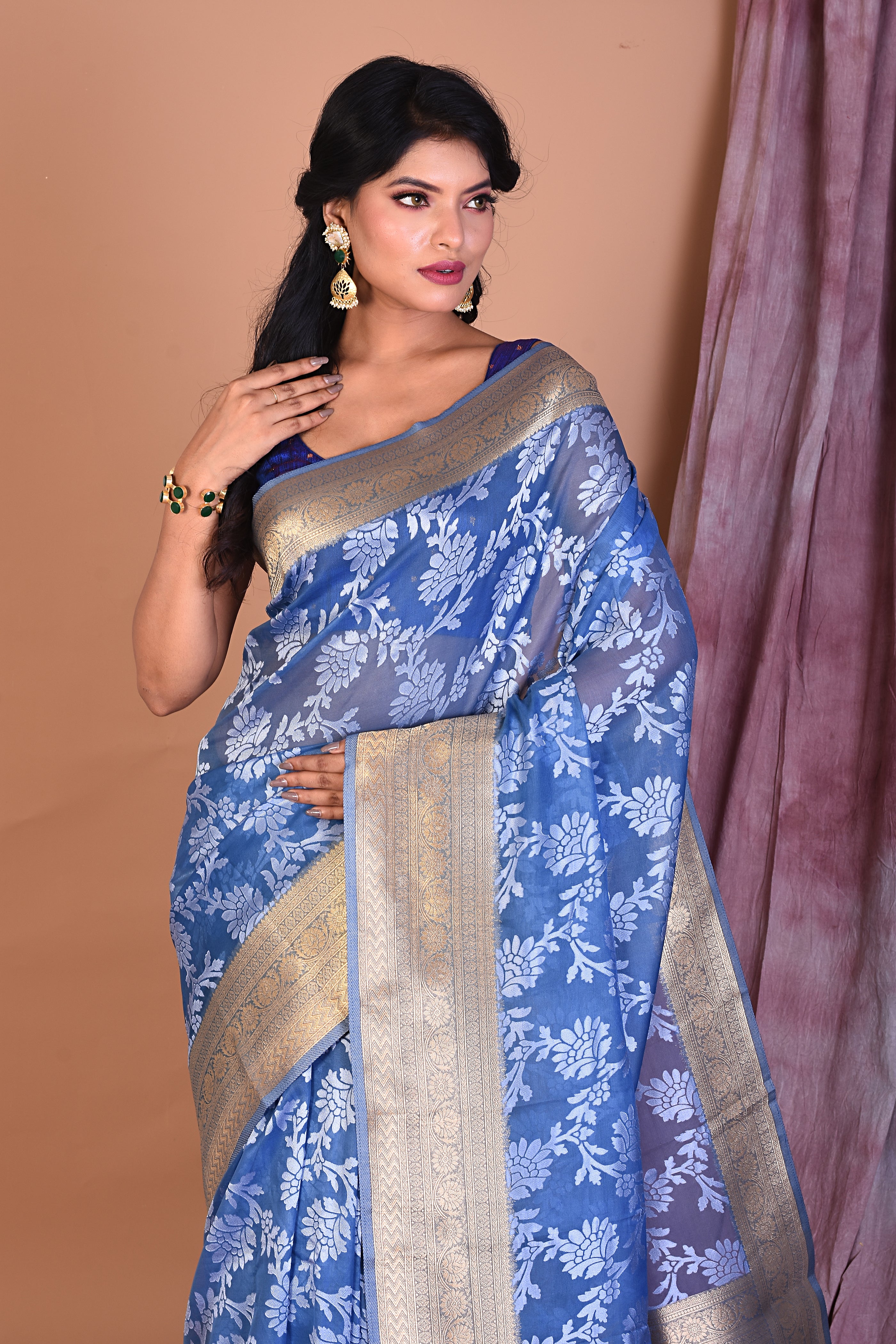 Pastel Blue Blended Organza Saree with Zari Work - Keya Seth Exclusive