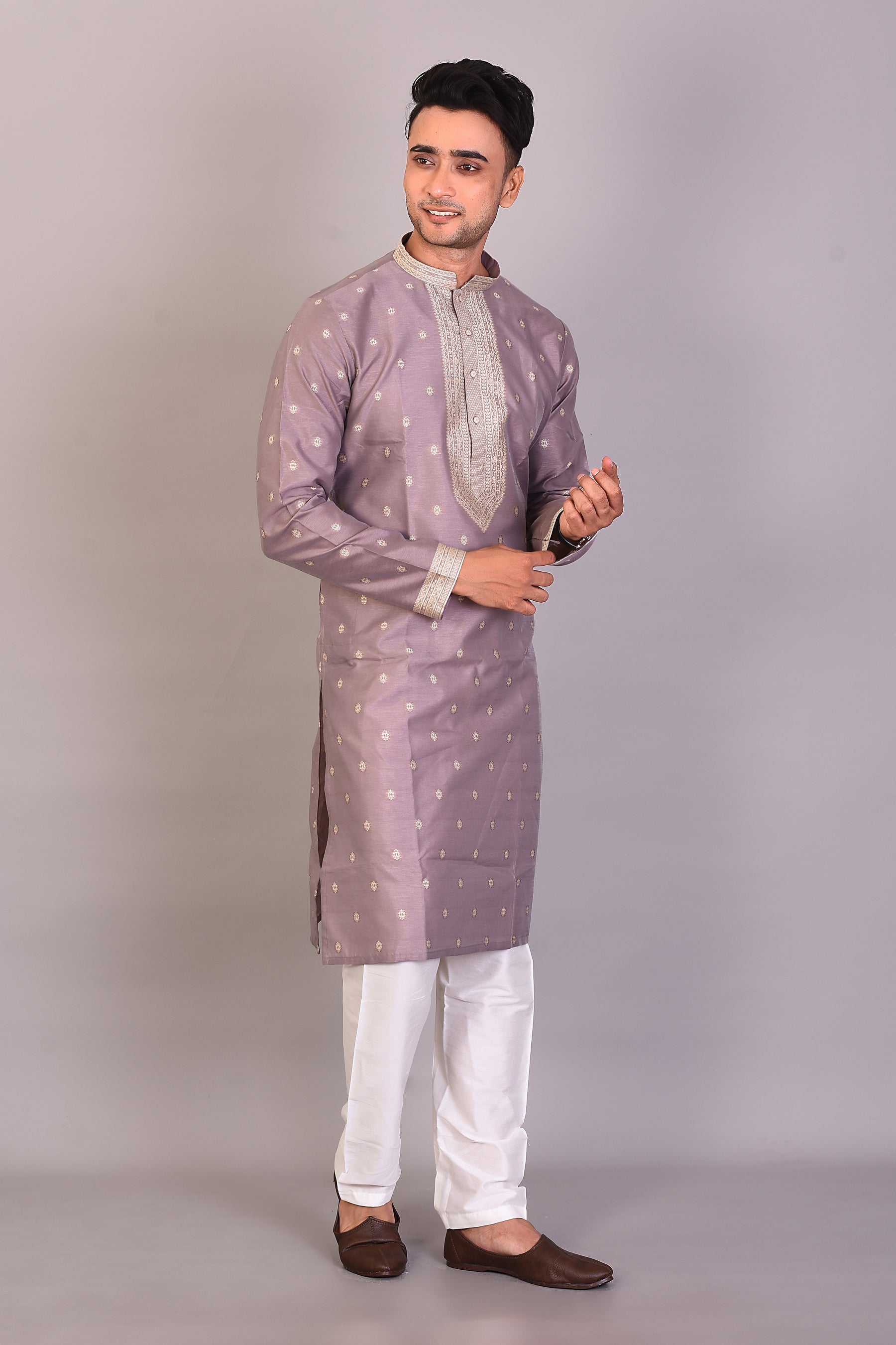 Long Grey Silk Kurta with Full Sleeves