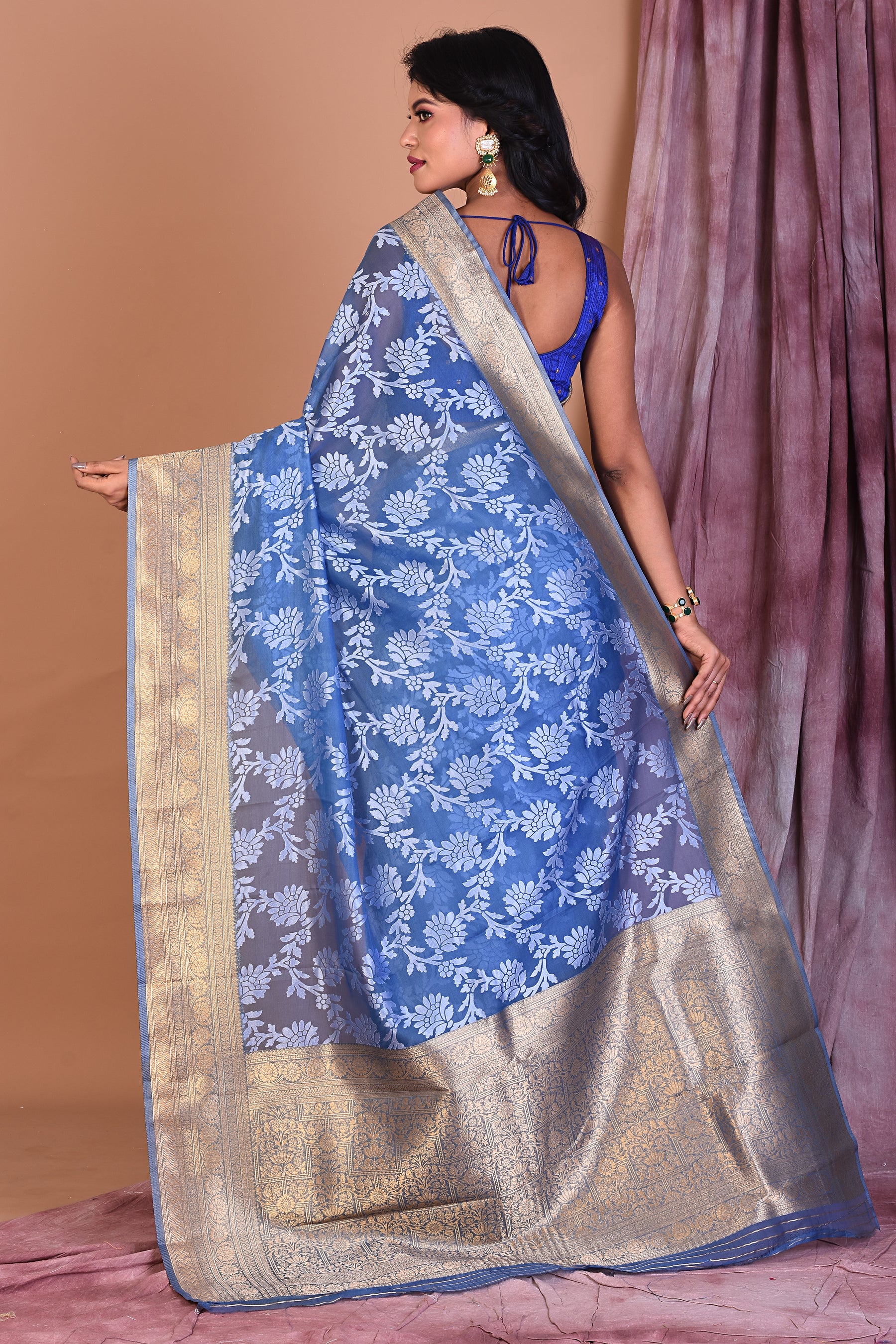 Pastel Blue Blended Organza Saree with Zari Work - Keya Seth Exclusive