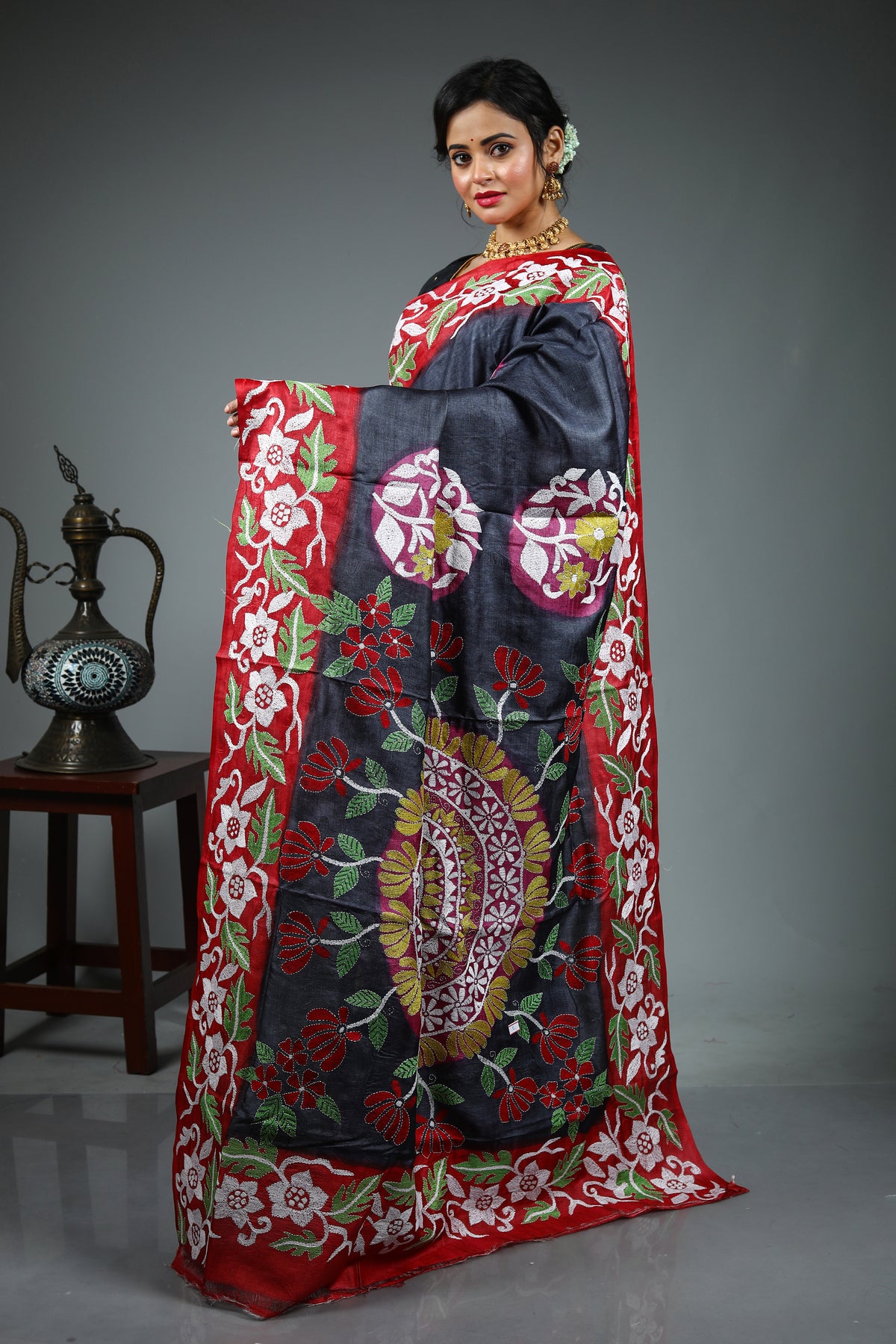 Dark Grey Pure Kantha Stitch Saree