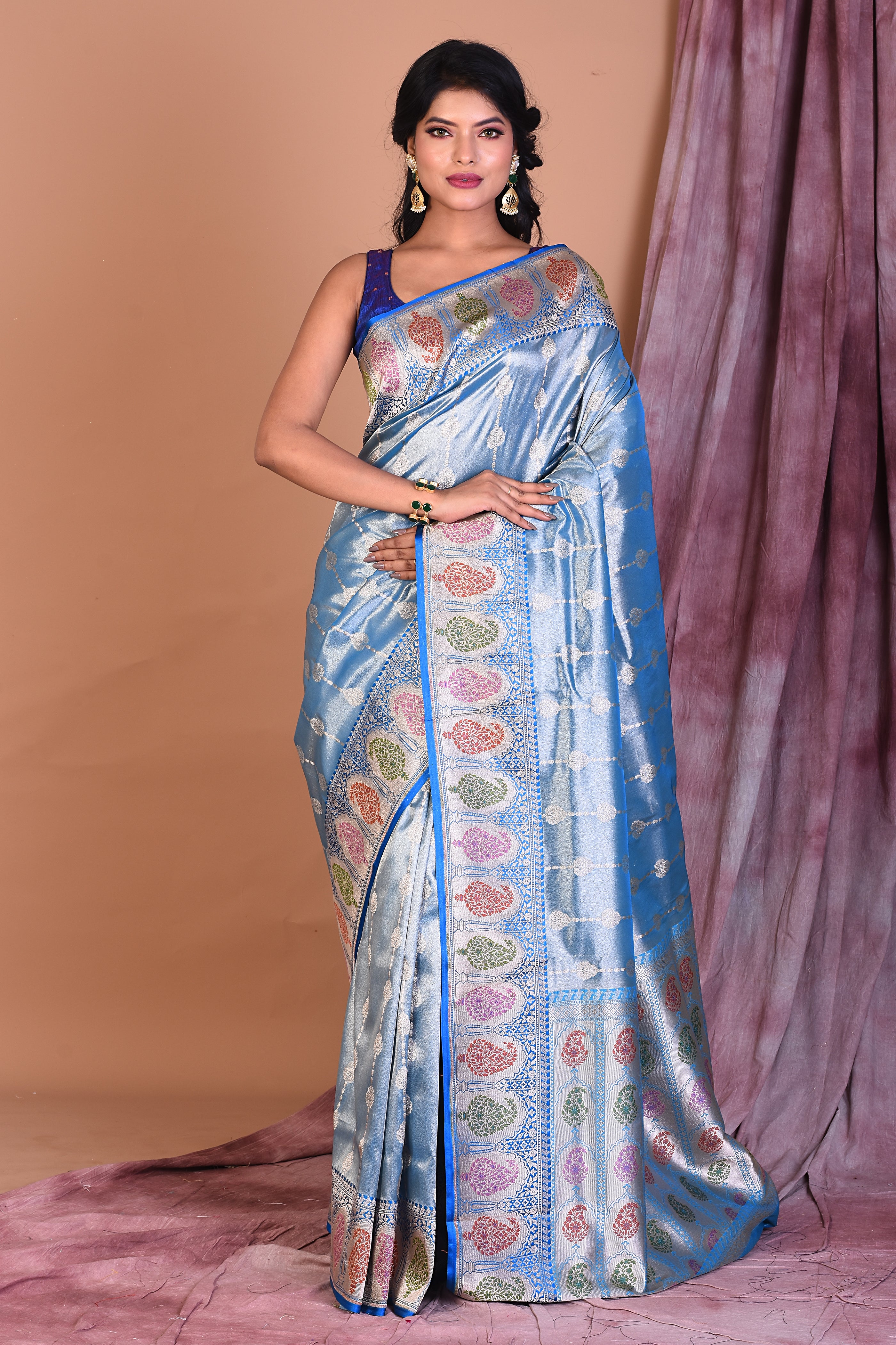 Sky Blue Blended Tissue Saree with Meenakari Work - Keya Seth Exclusive