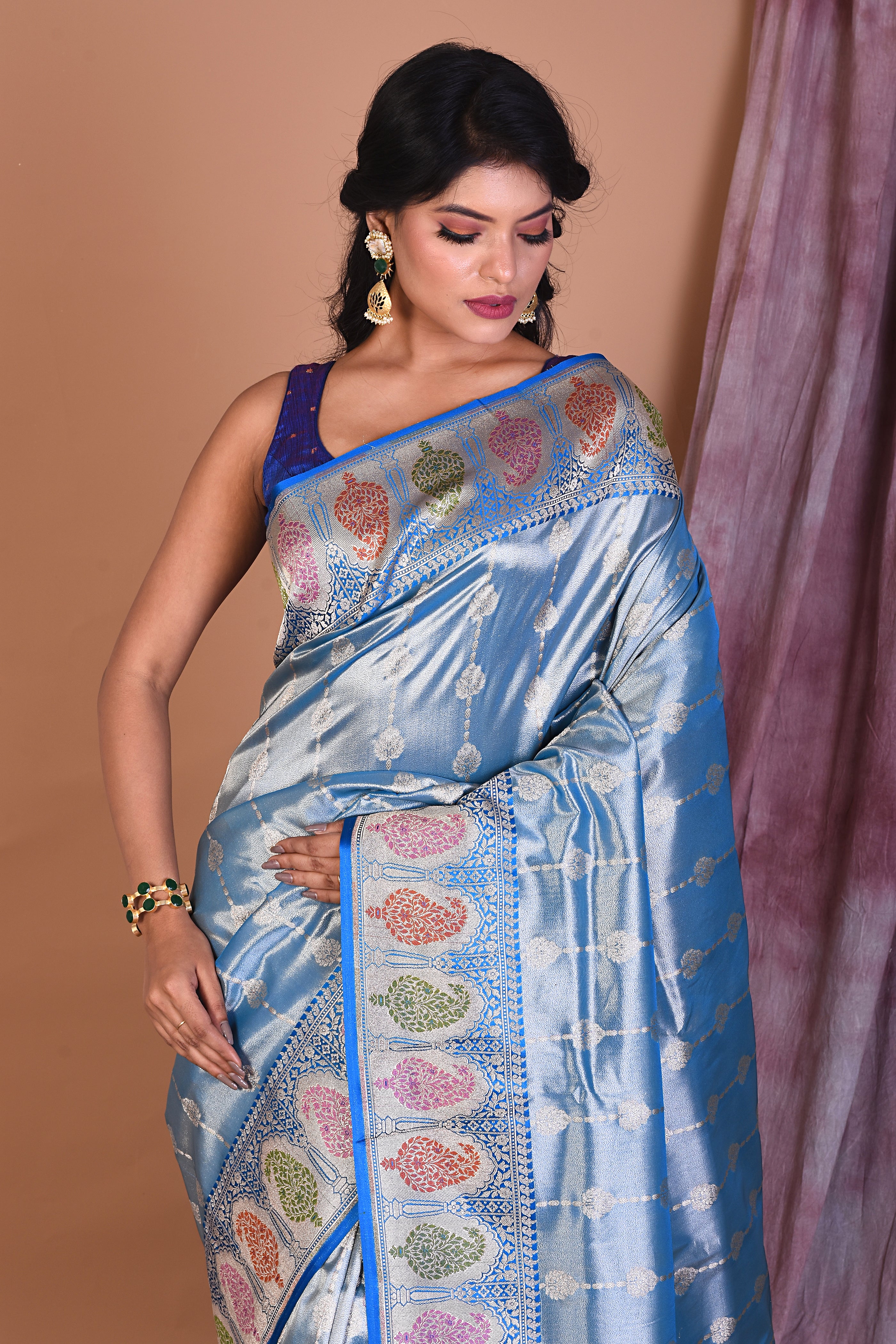 Sky Blue Blended Tissue Saree with Meenakari Work - Keya Seth Exclusive