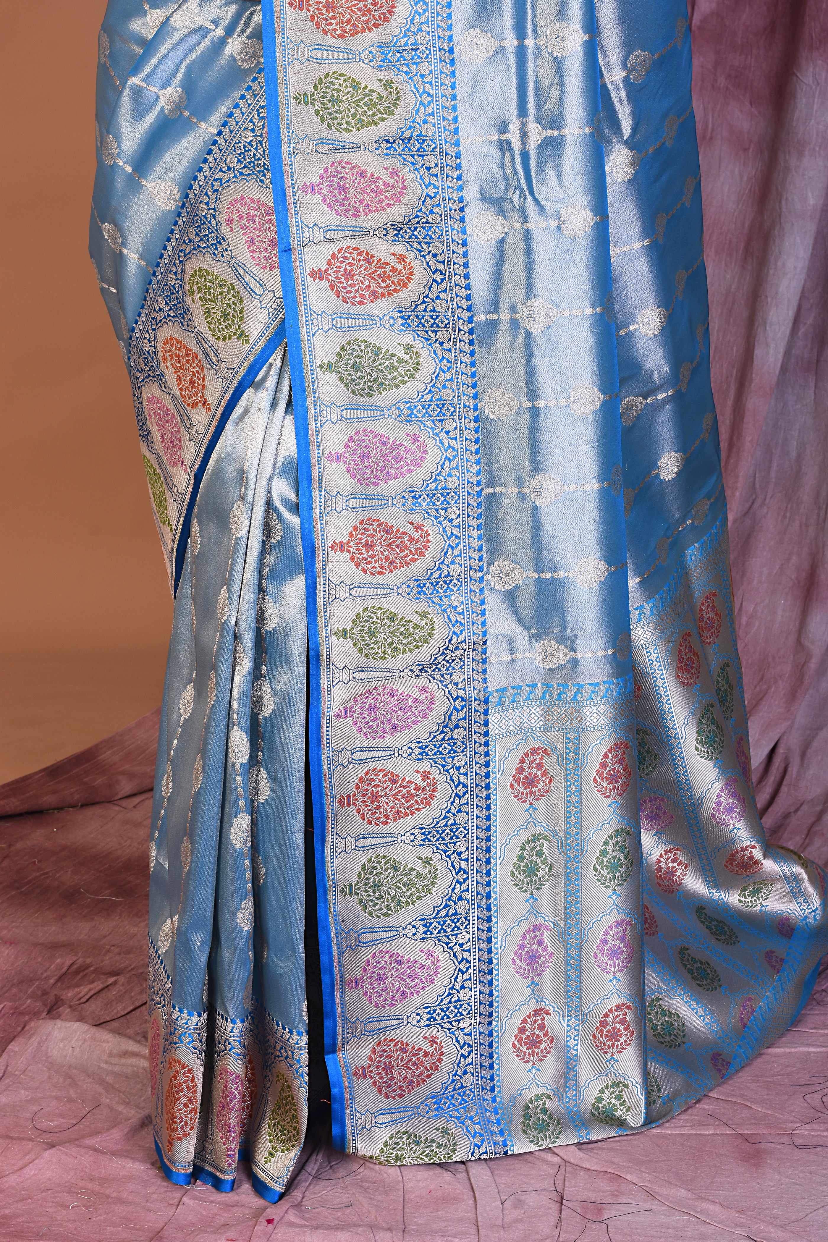 Sky Blue Blended Tissue Saree with Meenakari Work - Keya Seth Exclusive